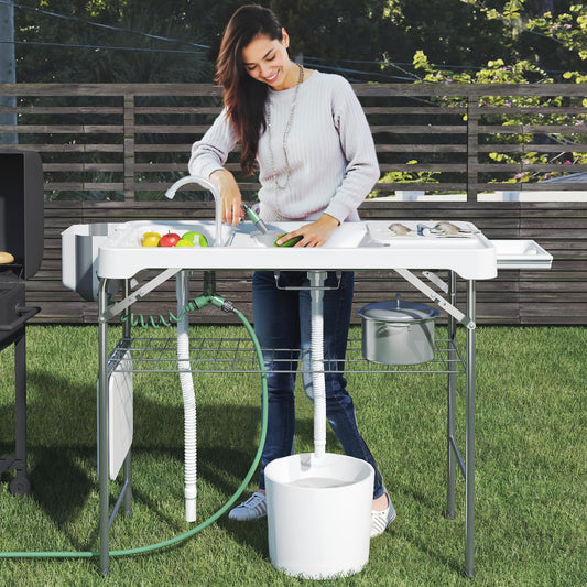 42.5" Fish Cleaning Table with Sink, Folding Camping Table & Fish Cleaning Station with Measure Mark, Camping Sink with Hose Hookup for Outdoor Picnic, Beach, Dock & Patio Use