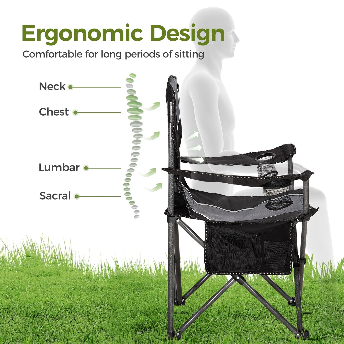 ALPHA CAMP Oversized Camping Folding Chair - Heavy Duty Steel Frame Support 350 LBS, Collapsible Padded Arm With Cup Holder, Quad Lumbar Back, Portable for Outdoor/Indoor
