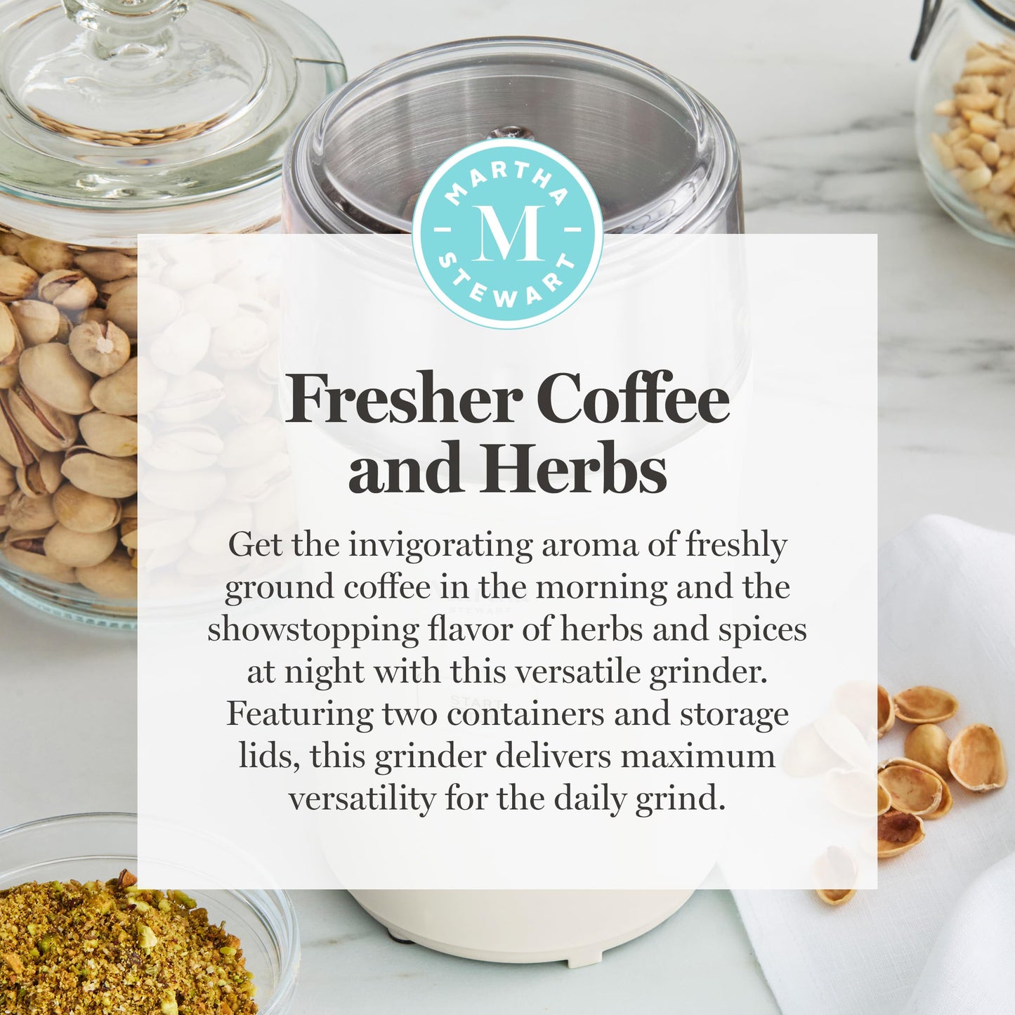 Martha Stewart Electric Coffee & Spice Grinder, Dual 2.5oz Removable Bowls, Storage Lids, Stainless Steel Blades, One Touch Pulse Control, 2-in-1 Compact, Beans & Spices, Herbs & Nuts, Sky Blue