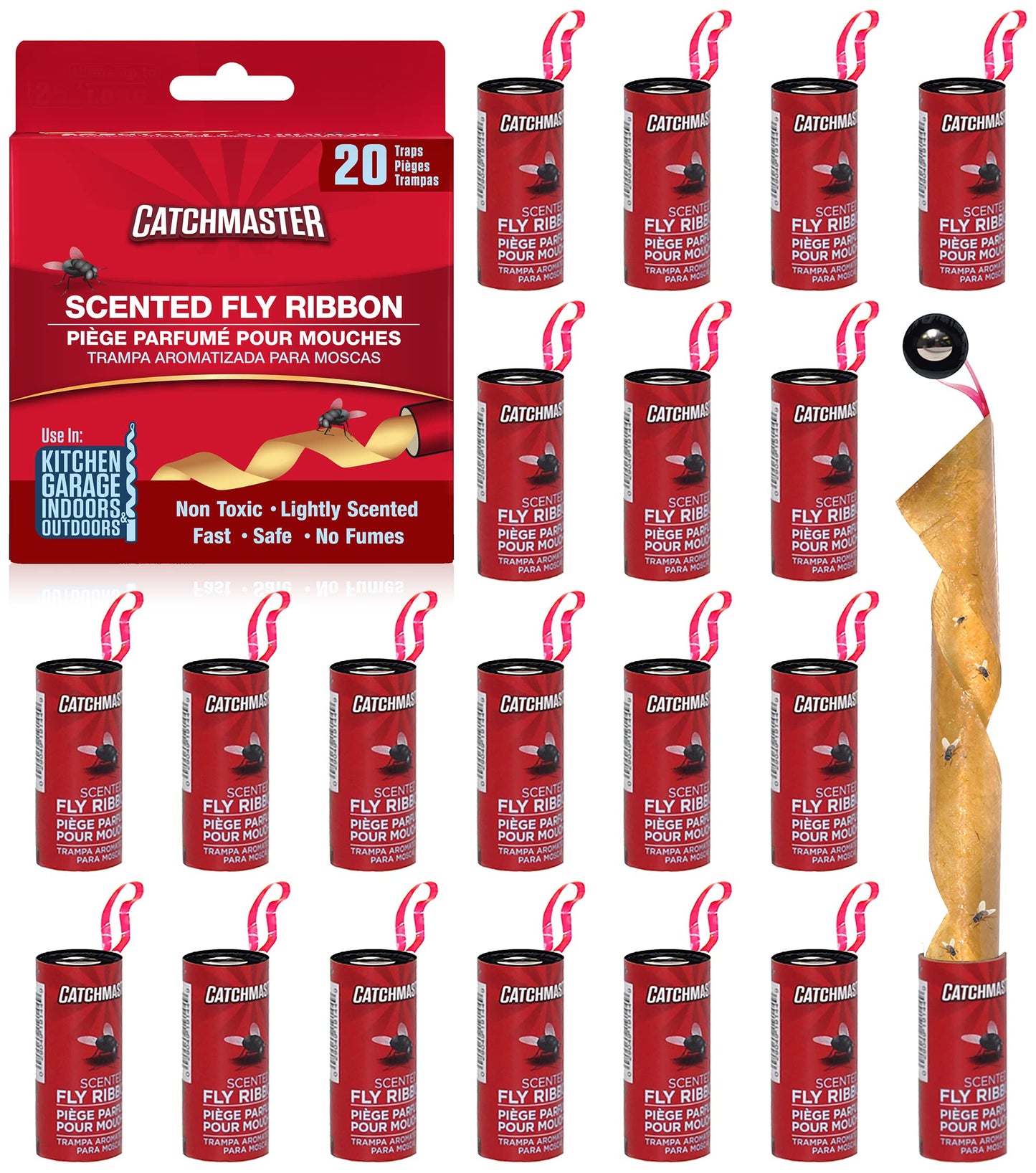 Catchmaster Fly Ribbon 20-Pack, Bug & Fruit Fly Traps Outdoor and Indoor, Premium Adhesive Sticky Strips & Gnat Hanging Strips, Bulk Scented Flying Insect Paper Rolls, Non Toxic Home Pest Control