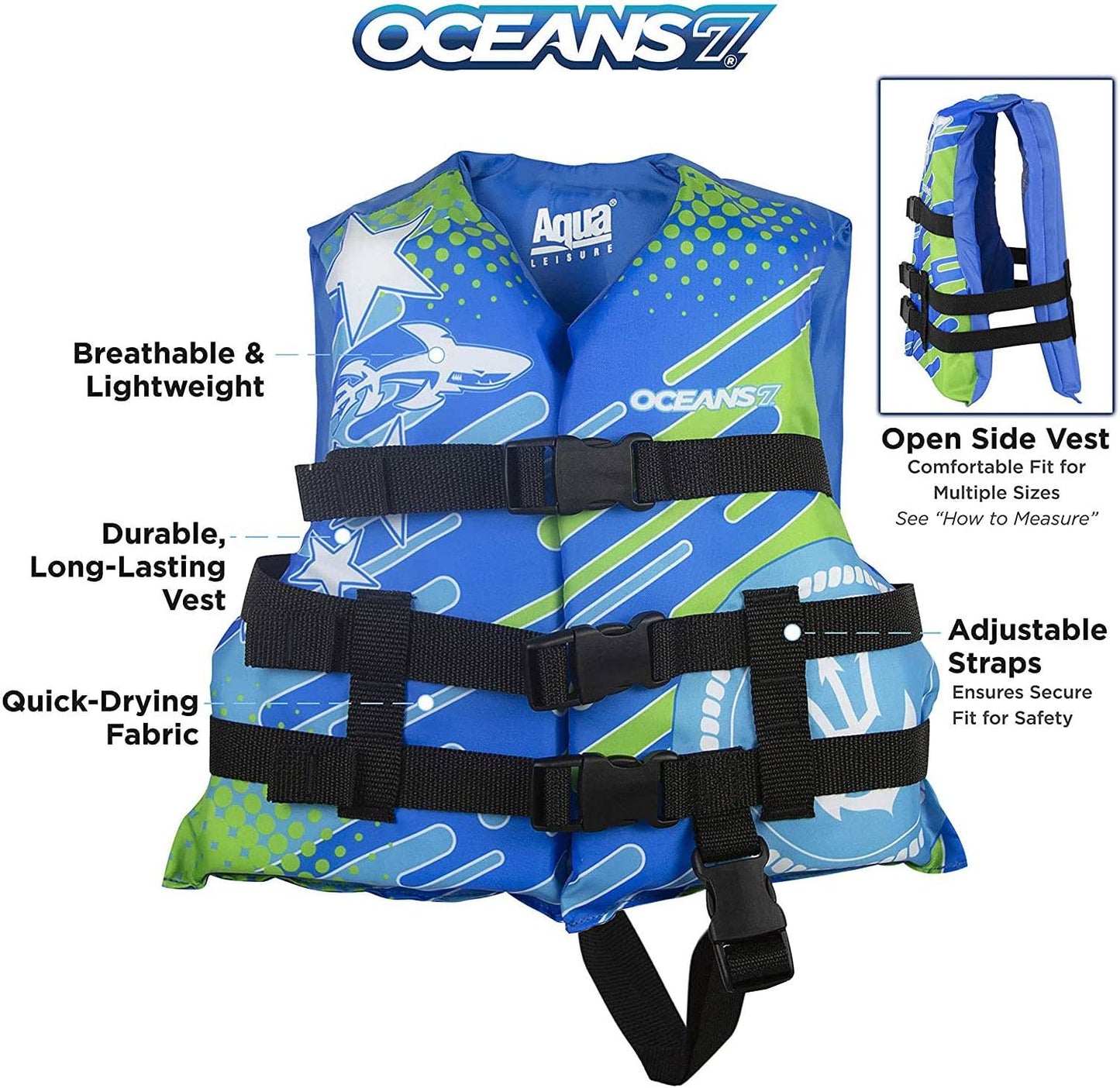 Oceans7 US Coast Guard-Approved, Type III – Kids Life Jacket – Personal Flotation Device with Comfortable Flex-Form-Fit Open-Sided Design – Blue/White