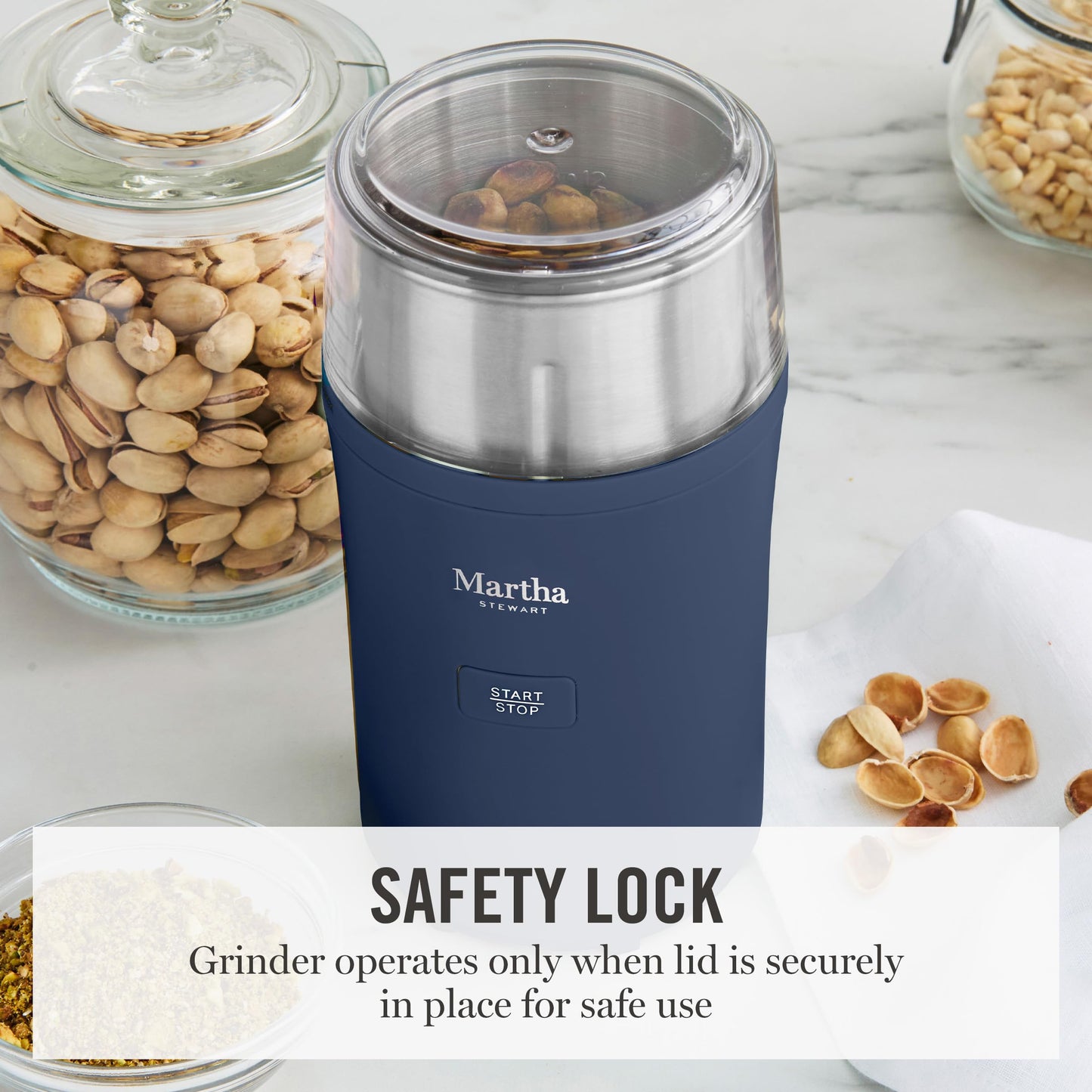 Martha Stewart Electric Coffee & Spice Grinder, Dual 2.5oz Removable Bowls, Storage Lids, Stainless Steel Blades, One Touch Pulse Control, 2-in-1 Compact, Beans & Spices, Herbs & Nuts, Sky Blue