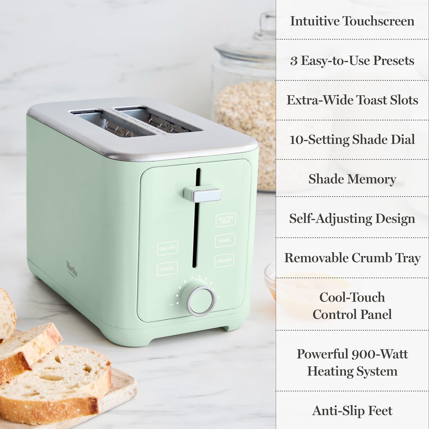 Martha Stewart 4 Slice Toaster, 10 Shade Settings with Defrost, Cancel, Bagel & Gluten-Free, Extra-Wide Self-Centering Slots for Waffles, Artisan Bread, Removable Crumb Tray, Cord Wrap,1800W, Honeydew