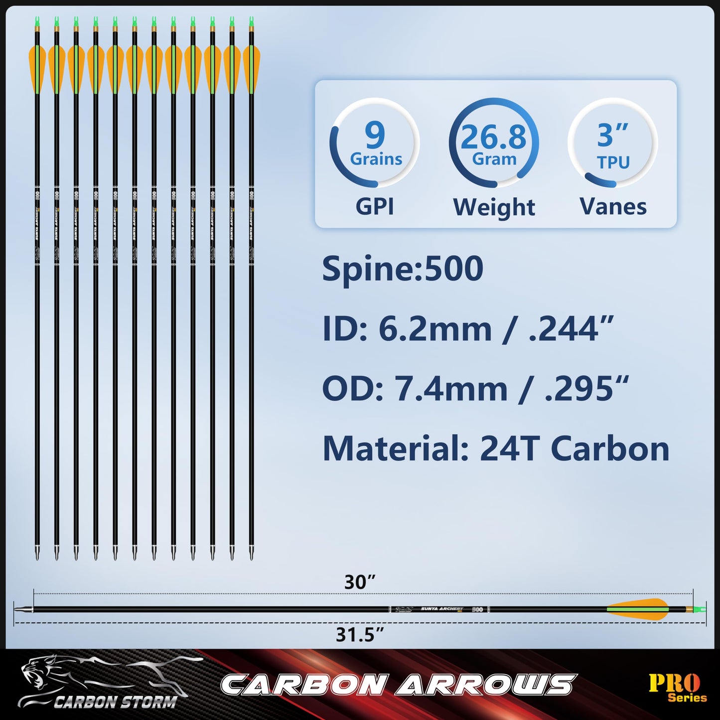 SUNYA Archery Compound Bow Arrows 12pcs Set. 30" Carbon Shaft, Spine 400 or 500 with Removable Tips