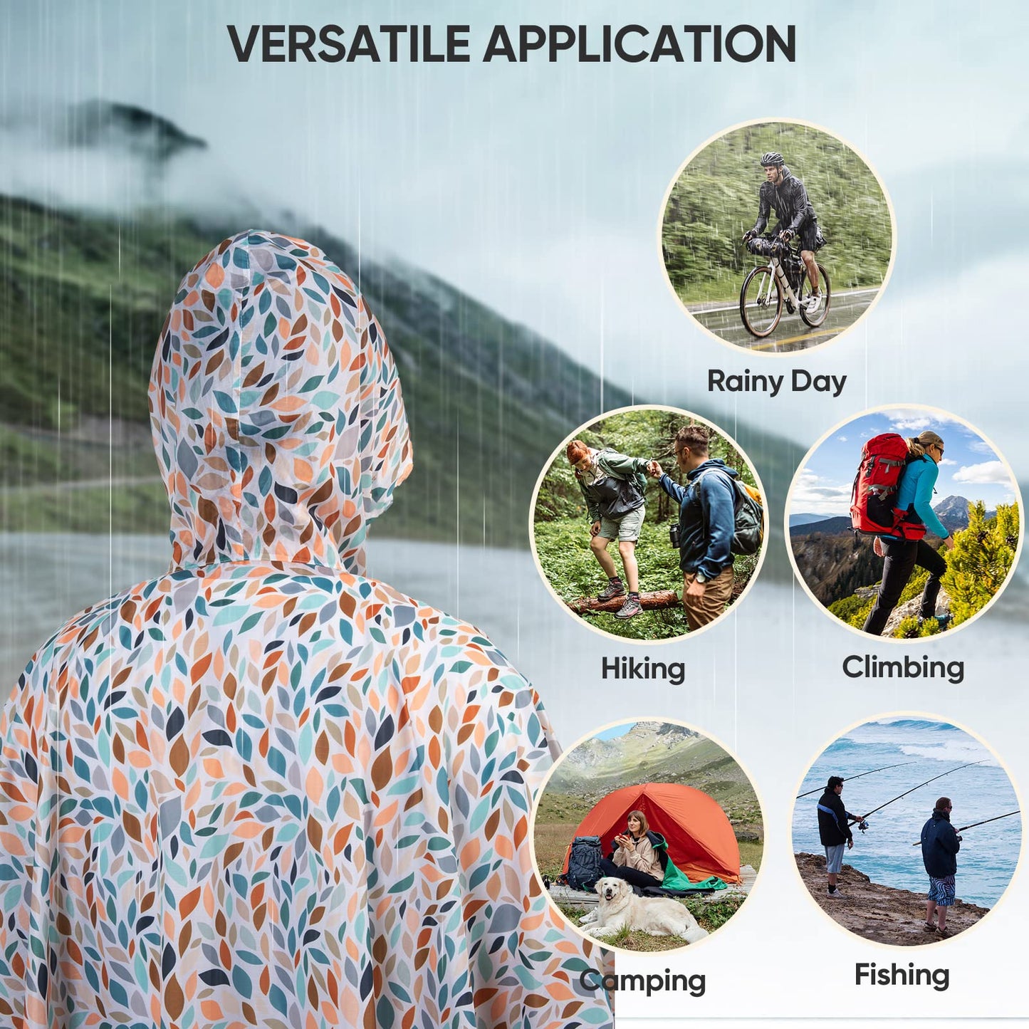 PTEROMY Hooded Rain Poncho for Adult with Pocket, Waterproof Lightweight Unisex Raincoat for Hiking Camping Emergency
