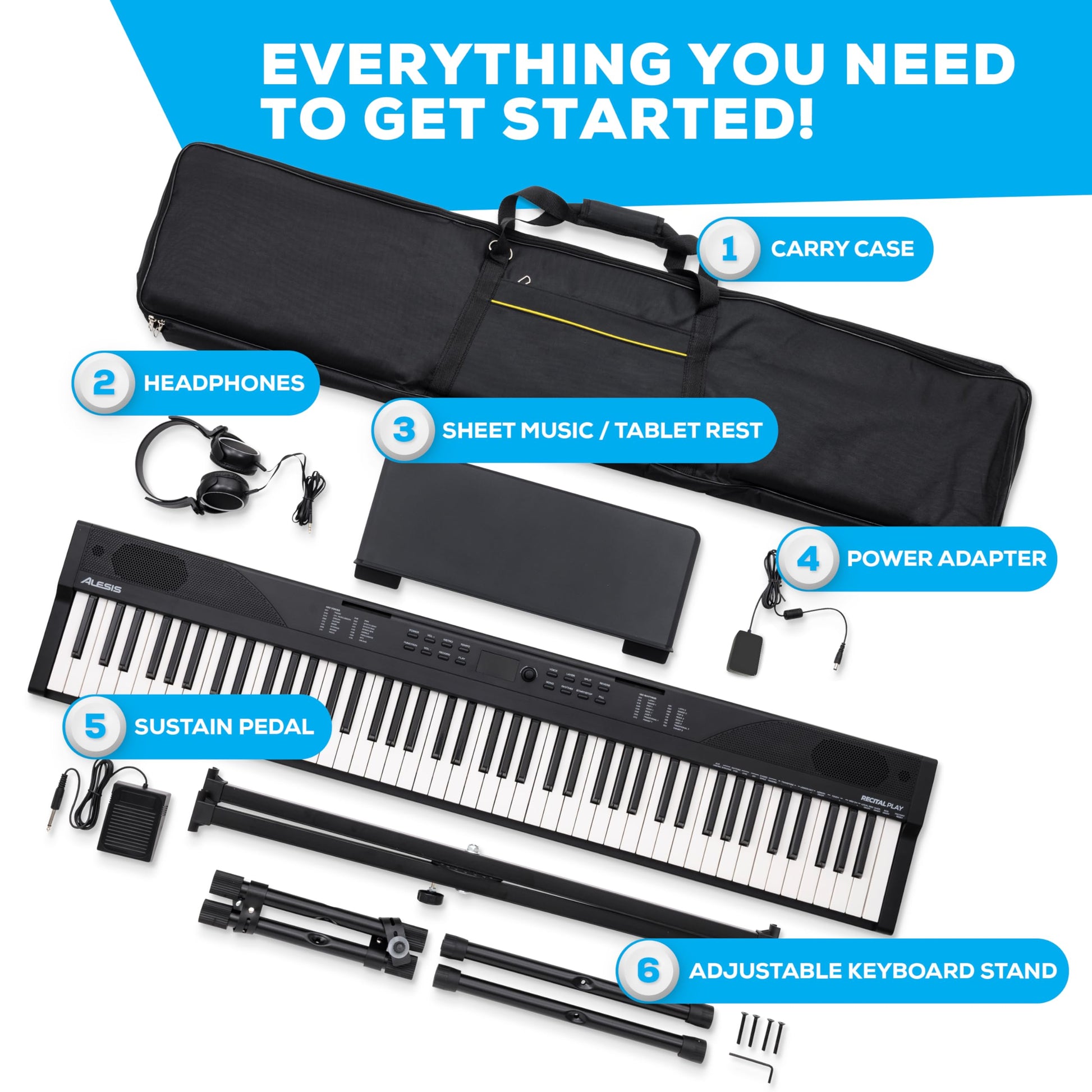 alesis recital sustain pedal Alesis 88 Key Keyboard Piano with 480 Sounds, Speakers, USB MIDI, Carry-Bag, Stand, Headphones, Pedal and Piano Lessons for Beginners
