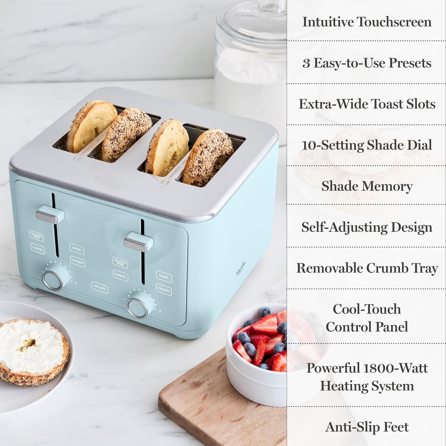 Martha Stewart 4 Slice Toaster, 10 Shade Settings with Defrost, Cancel, Bagel & Gluten-Free, Extra-Wide Self-Centering Slots for Waffles, Artisan Bread, Removable Crumb Tray, Cord Wrap,1800W, Honeydew
