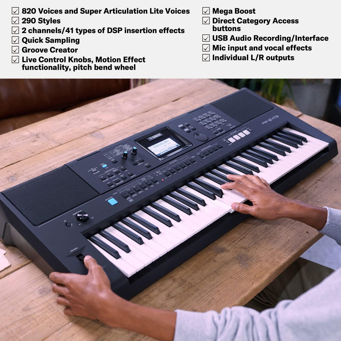 YAMAHA, 61-Key Touch-Sensitive Advanced Portable Keyboard with Music Rest and Power Adapter, (PSRE473)
