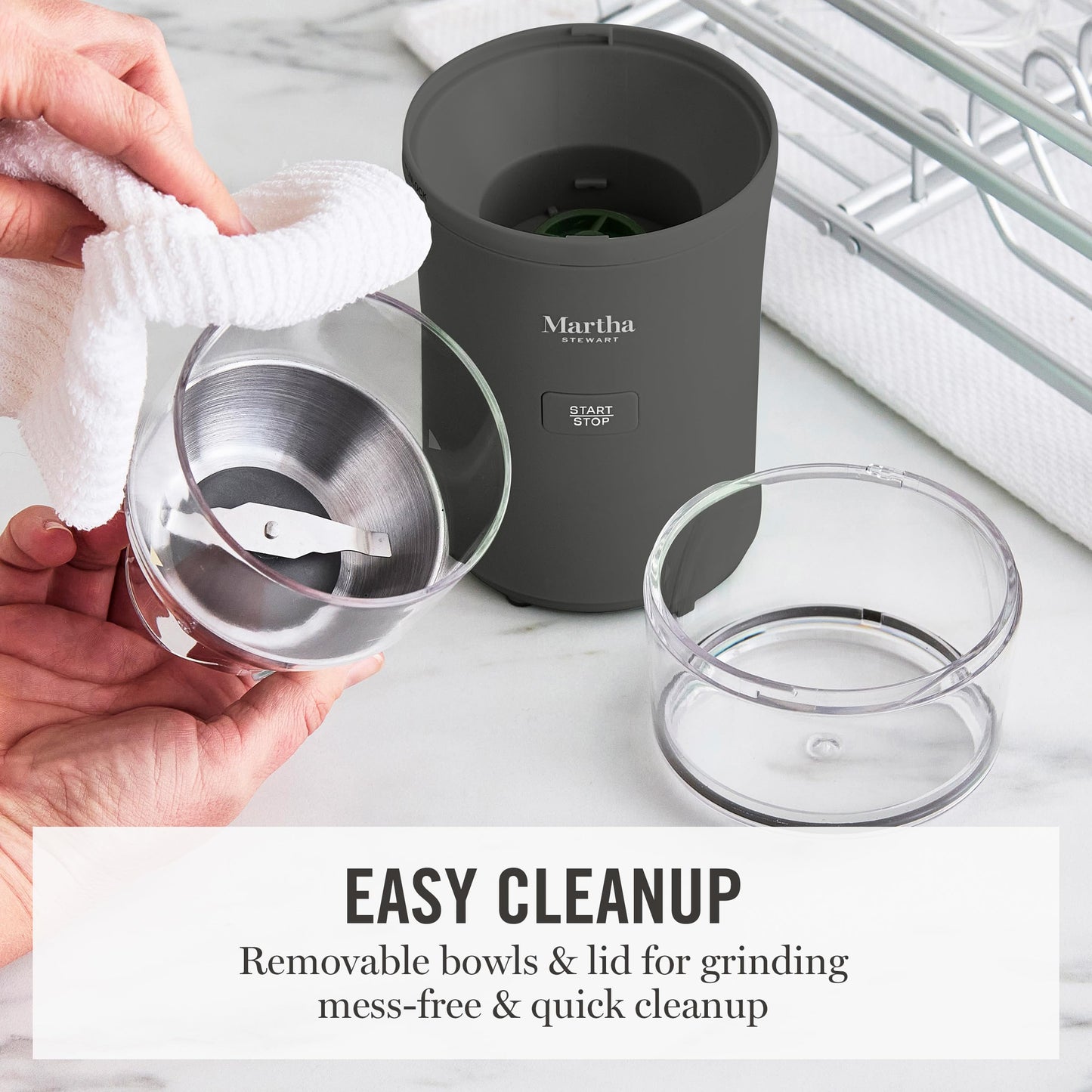 Martha Stewart Electric Coffee & Spice Grinder, Dual 2.5oz Removable Bowls, Storage Lids, Stainless Steel Blades, One Touch Pulse Control, 2-in-1 Compact, Beans & Spices, Herbs & Nuts, Sky Blue