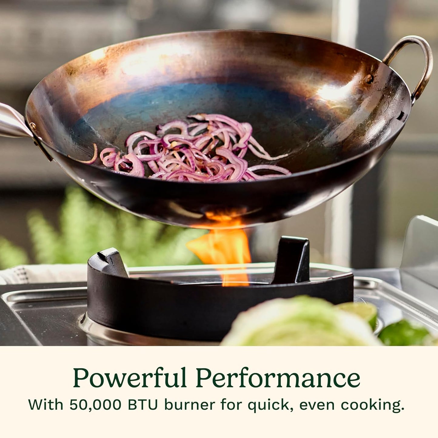 Cuisinart Outdoor Wok Station, 50,000 BTU Propane Outdoor Wok Burner with Prep Table, 14" Carbon Steel Fry Pan, Stainless Steel Side Table, Storage, Outdoor Cooking Station for Stir Fry, Searing, BBQ