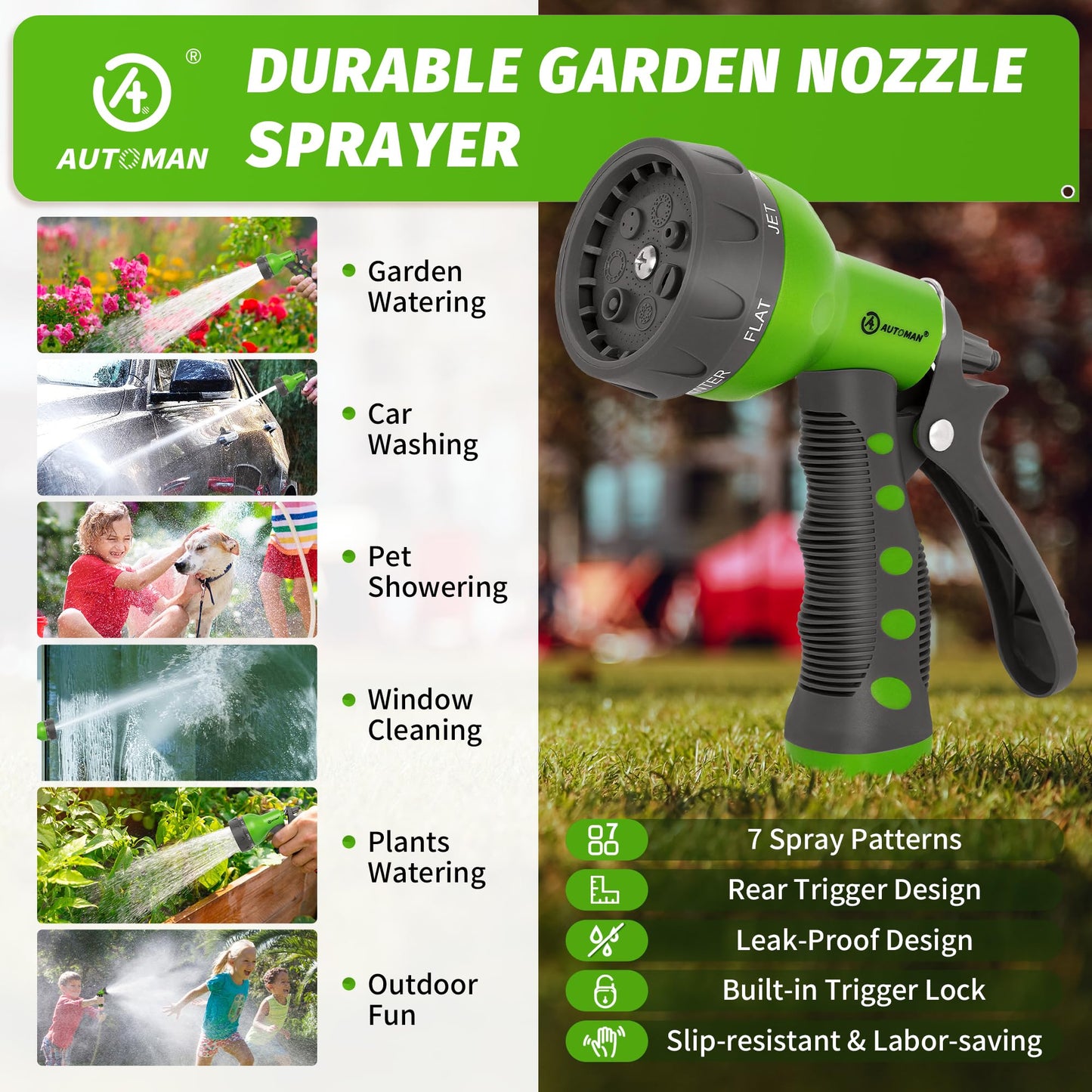 AUTOMAN-Garden-Hose-Nozzle, ABS Water Spray Nozzle with 7 Adjustable Watering Patterns, Slip Resistant for Watering Plants, Lawn& Garden, Washing Cars, Cleaning, Showering Pets & Outdoor Fun.