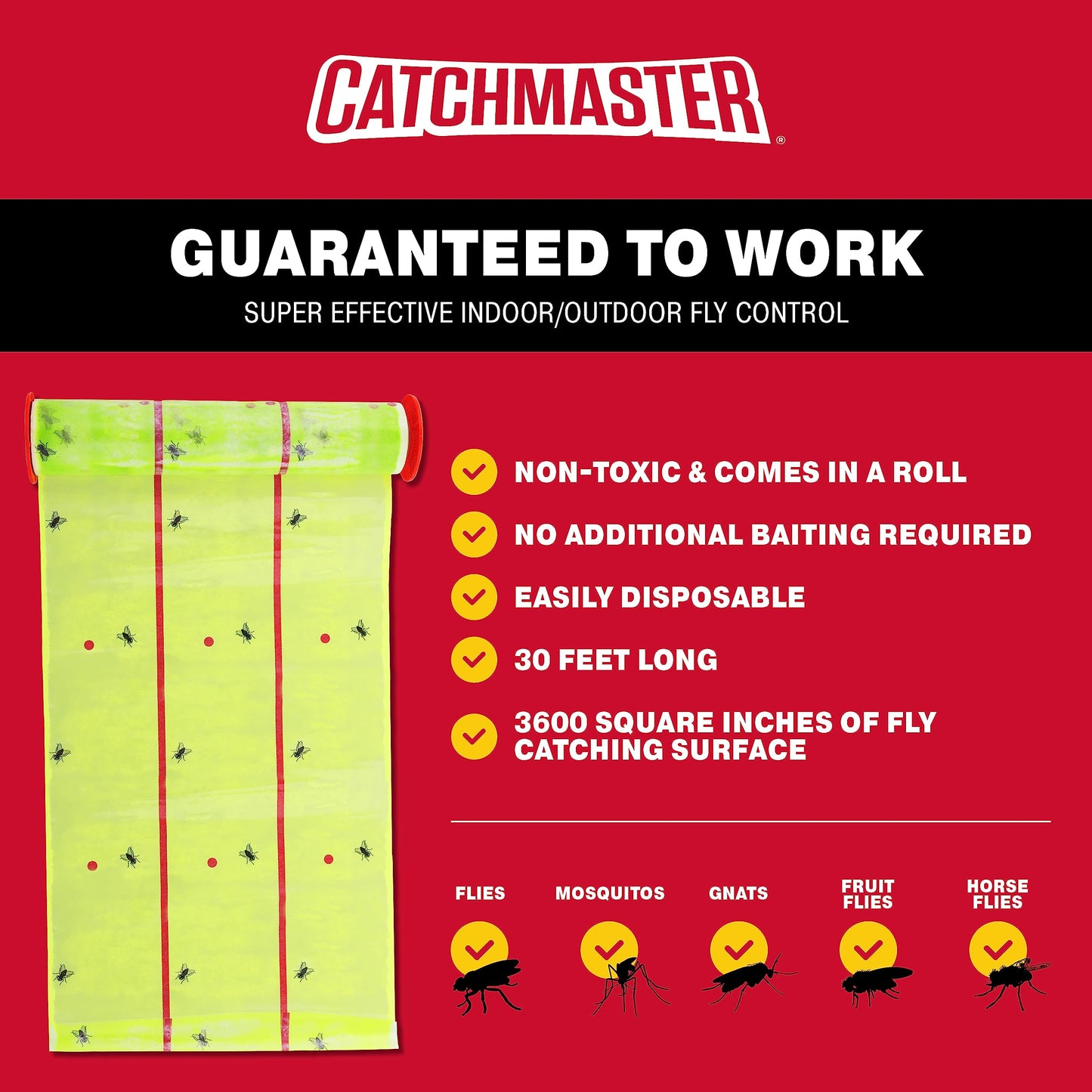 Catchmaster Giant Fly Glue Trap 3-Pack 30 Feet Each, Adhesive Fly Traps Outdoor, Sticky Bug Catcher, Bulk Flying Insect Paper Roll, Pet Safe Pest Control for Garage, Barn, Greenhouse & Garbage Room