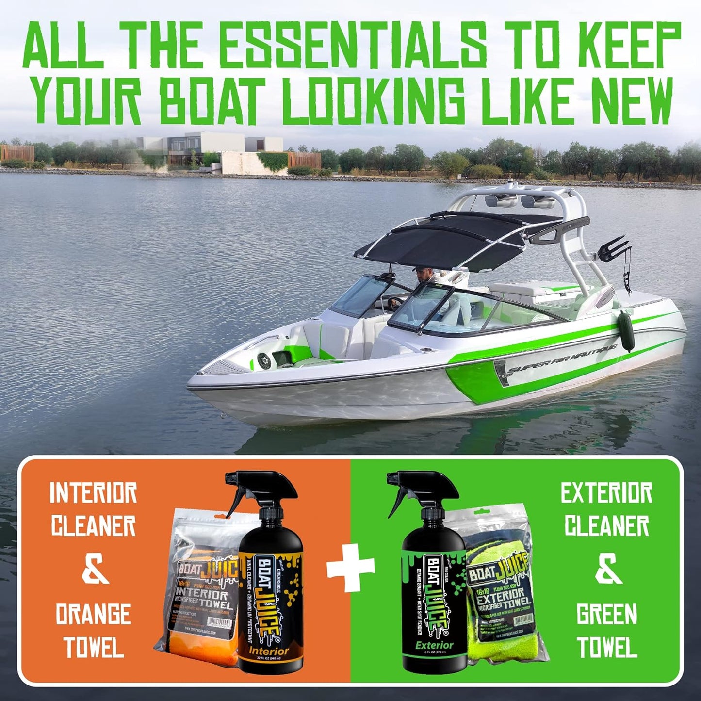Boat Juice Necessity Boat Cleaner Kit | Exterior Water Spot Remover, Interior Seat & Vinyl Cleaner, 2 Microfiber Towels | Boat Cleaning & Detailing Kit, Marine Accessories | Made in USA (Kit)