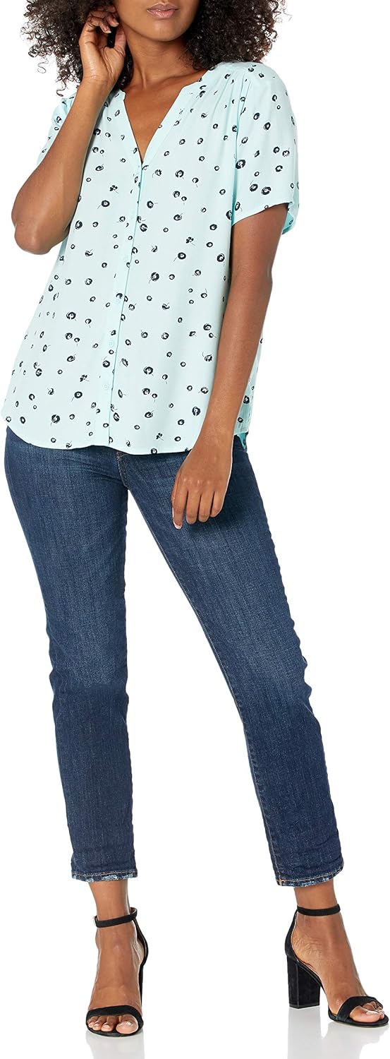 Amazon Essentials Women's Relaxed-Fit V Neck Short-Sleeve Woven Blouse, Business Casual