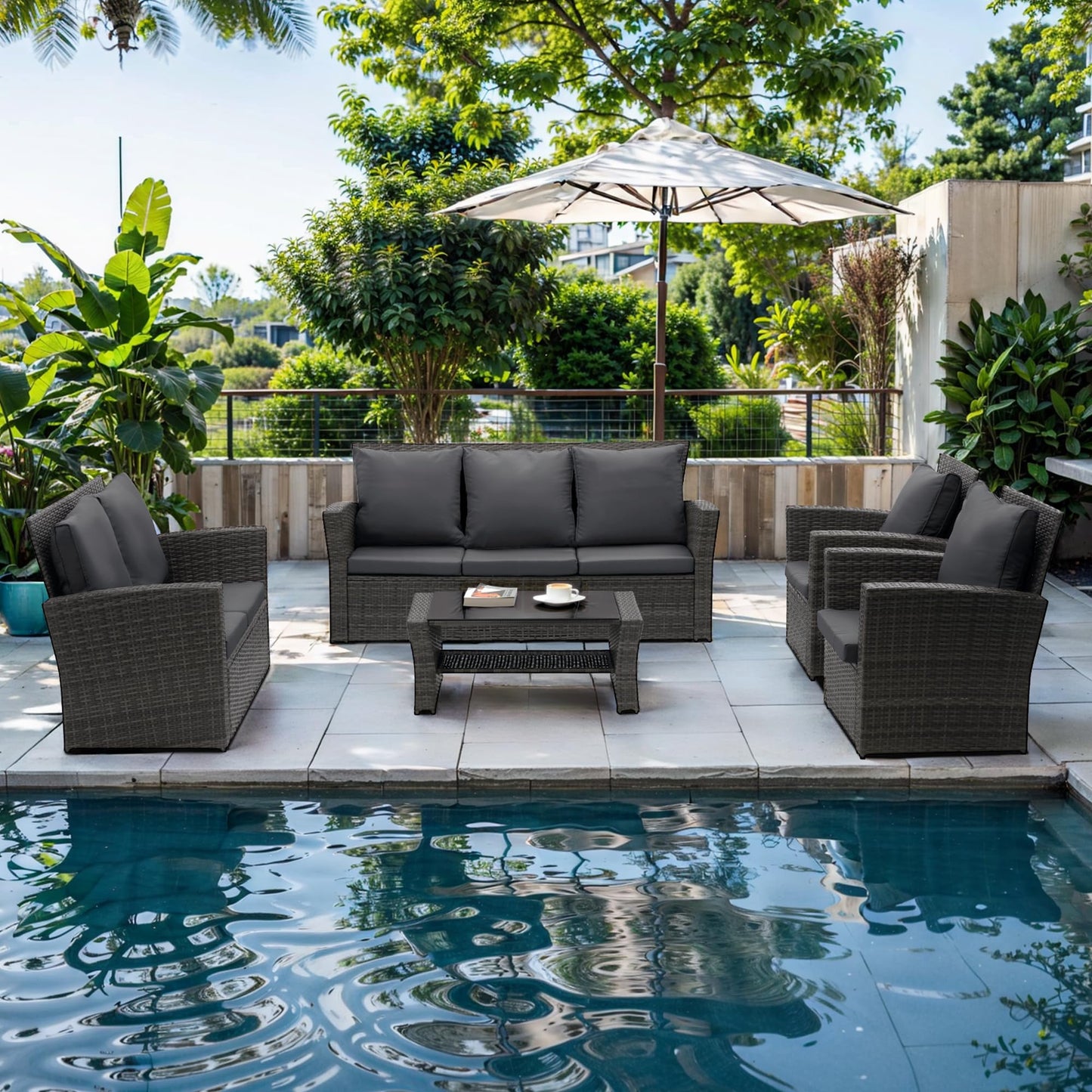 Wisteria Lane 4 Piece Outdoor Patio Furniture Sets, Wicker Conversation Set for Porch Deck, Brown Rattan Sofa Chair with Cushion