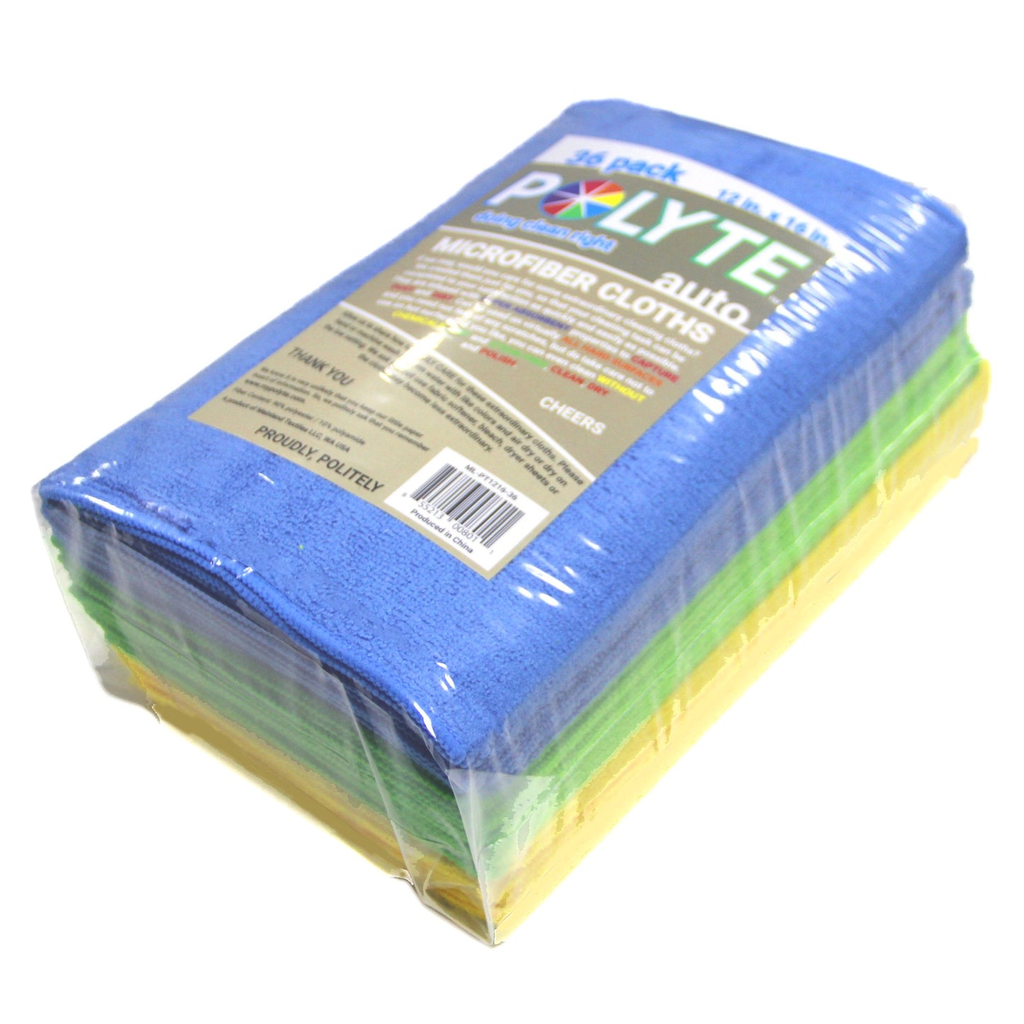 POLYTE Microfiber Cleaning Cloth, 12 x 16 in, Blue, Green, Yellow, 36 Pack