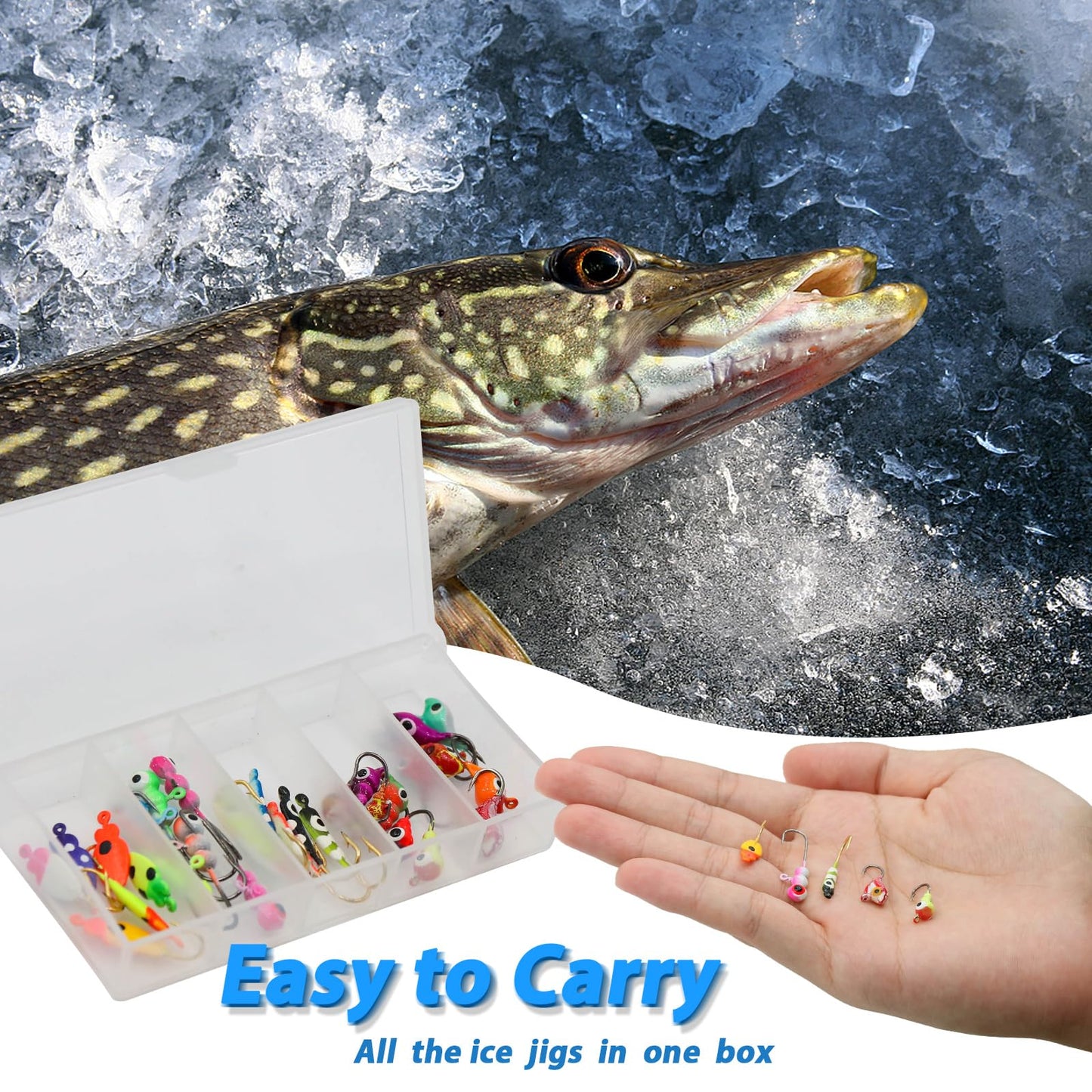 Ice Fishing Jigs Kit, 30/60Pcs Glow Ice Fishing Lure Set for Winter Ice Jigging Crappie Sunfish Perch Panfish Walleye Pike Jigs, Ice Fishing Gear with Storage Box