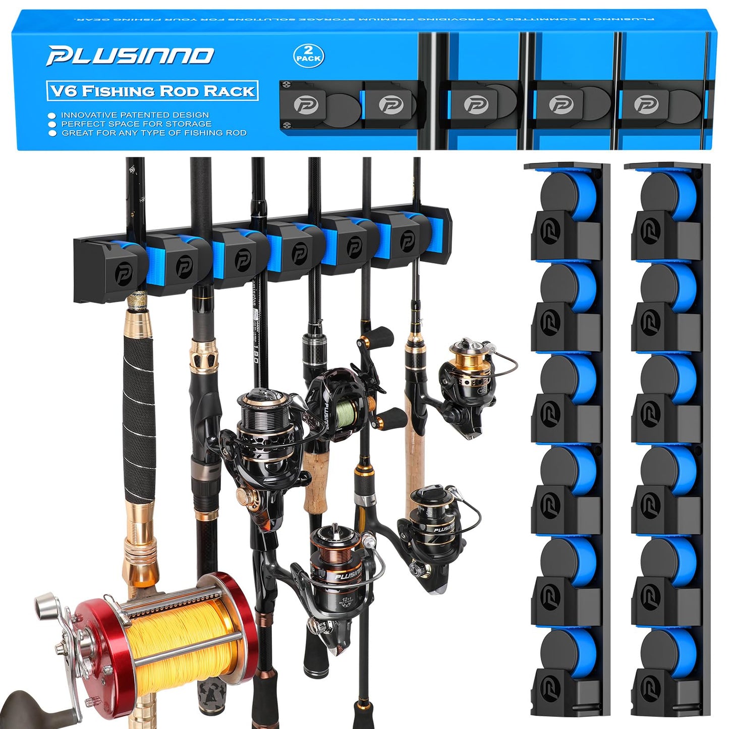 PLUSINNO Vertical Fishing Rod Holder, Wall Mounted Fishing Rod Rack, Fishing Pole Holder Holds Up to 9 Rods or Combos, Fishing Rod Holders for Garage, Fits Most Rods of Diameter 3-19mm
