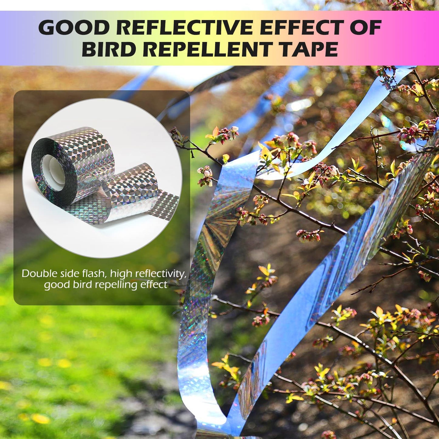 Bird Scare Tape Ribbon(700FT) Reflective Tape Keep Birds Away Outdoor,Double Side Bird Flash Tape, Scare Geese, Pigeon, Duck, Woodpecker