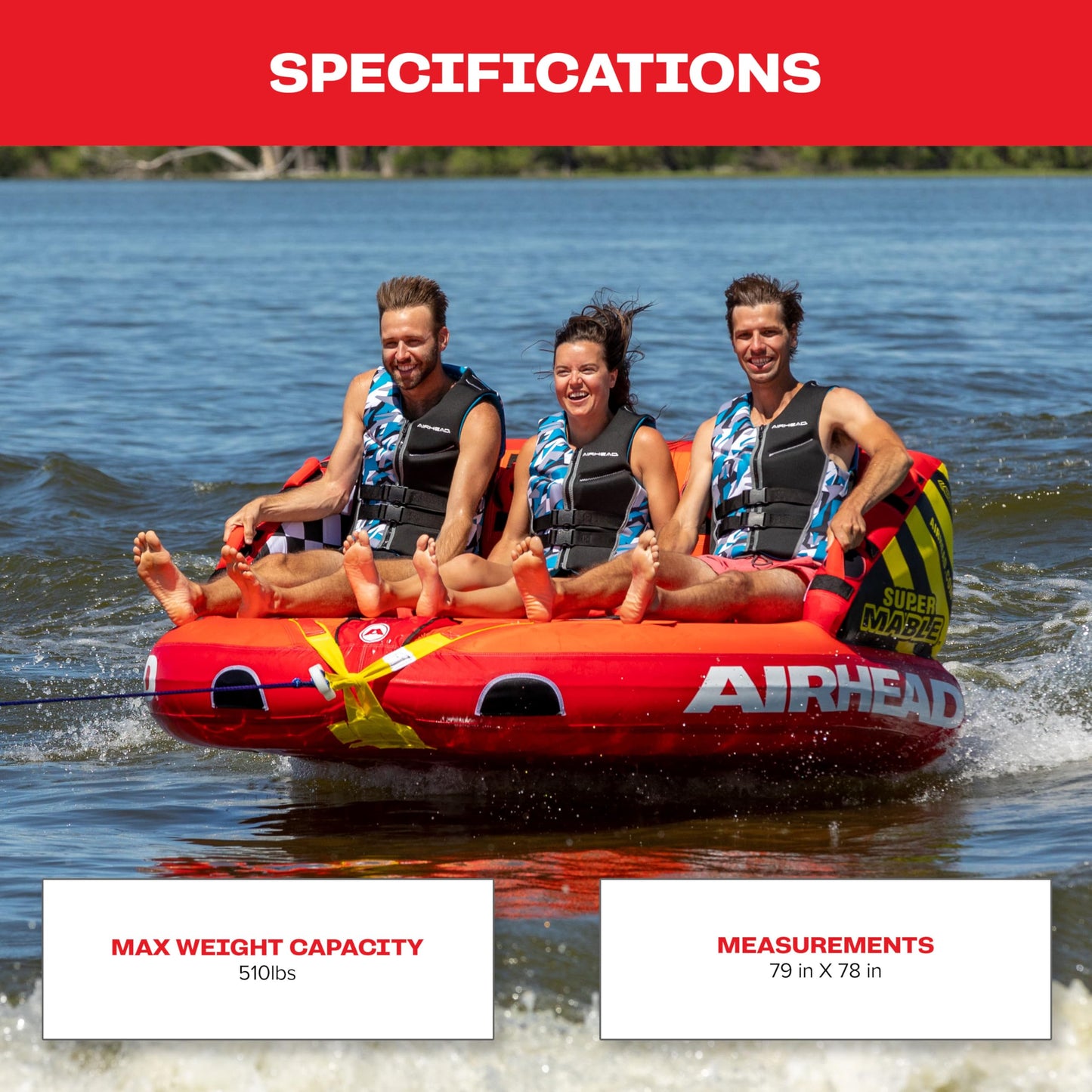 Airhead Super Mable Towable Tube | 1-3 Rider Towable Tube for Boating and Water Sports | Dual Tow Points | Full Nylon Cover | EVA Foam Pads | Patented Speed Valve | Boat Tubes and Towables