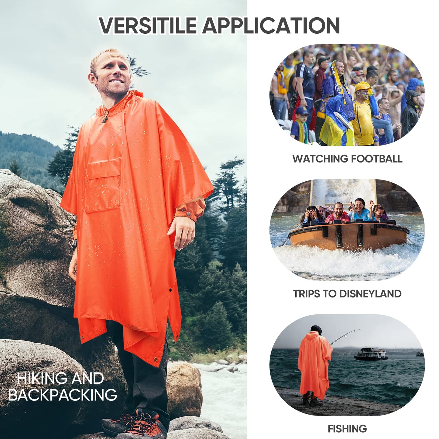 PTEROMY Hooded Rain Poncho for Adult with Pocket, Waterproof Lightweight Unisex Raincoat for Hiking Camping Emergency
