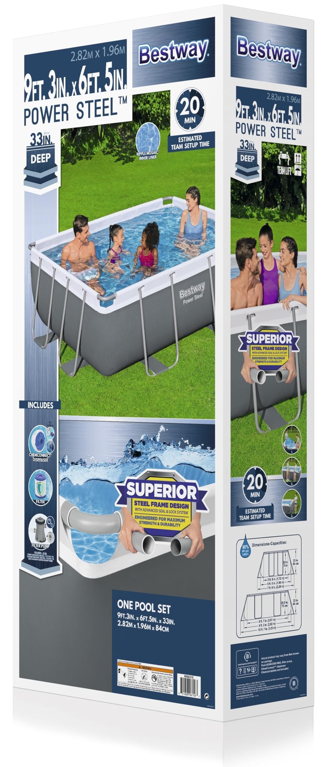 Bestway: Power Steel 9'3" x 6'5" x 33" Above Ground Pool Set - 937 Gallons, Rectangular Outdoor Family Pool, Corrosion & Puncture Resistant, Includes ChemConnect Dispenser, Filter & Pump