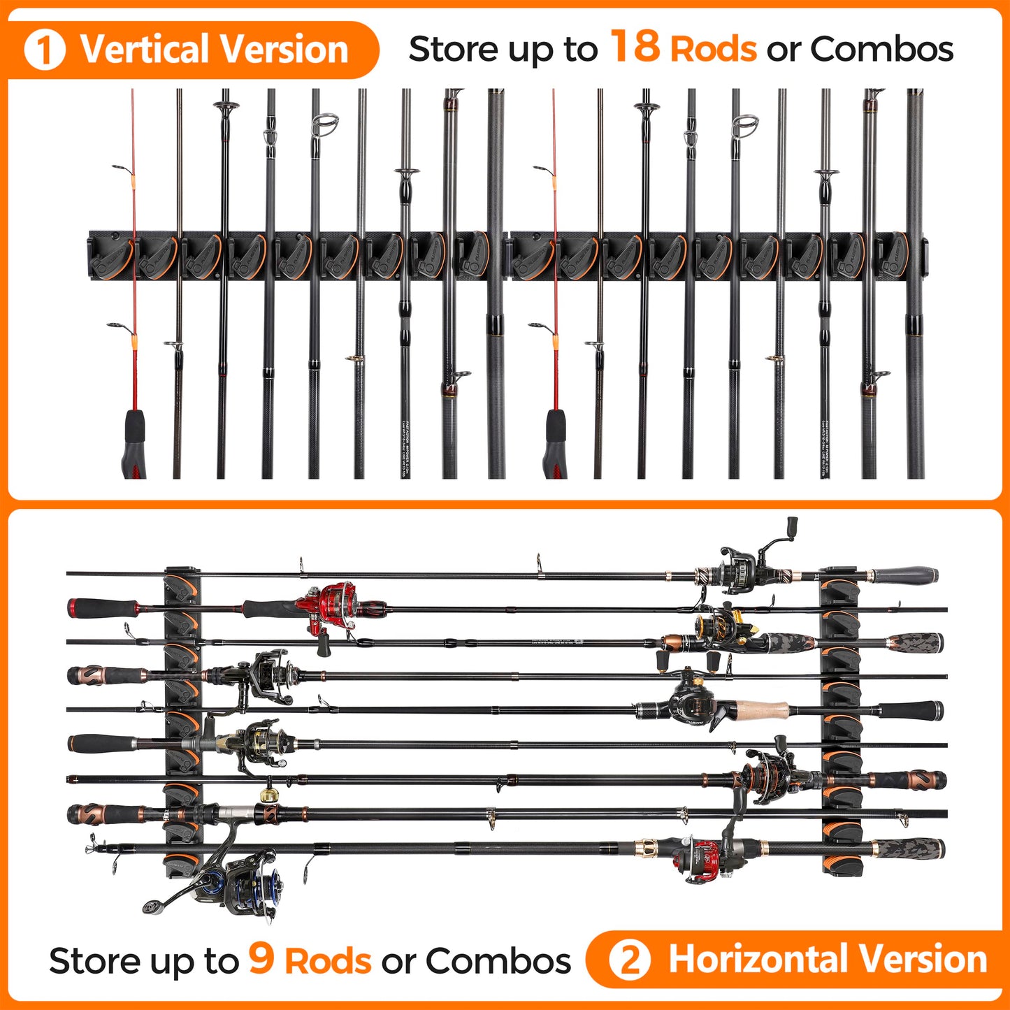 PLUSINNO Vertical Fishing Rod Holder, Wall Mounted Fishing Rod Rack, Fishing Pole Holder Holds Up to 9 Rods or Combos, Fishing Rod Holders for Garage, Fits Most Rods of Diameter 3-19mm
