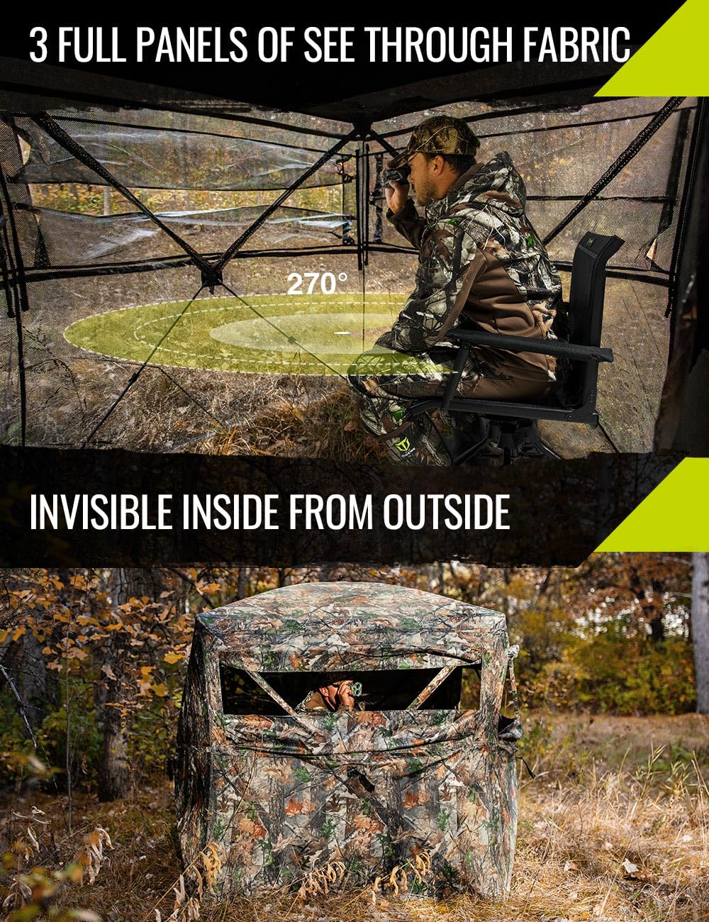 TIDEWE Hunting Blind See Through with Carrying Bag, 2-3 Person Pop Up Ground Blinds 270 Degree, 300D Portable Resilient Hunting Tent for Deer & Turkey Hunting (Camouflage)