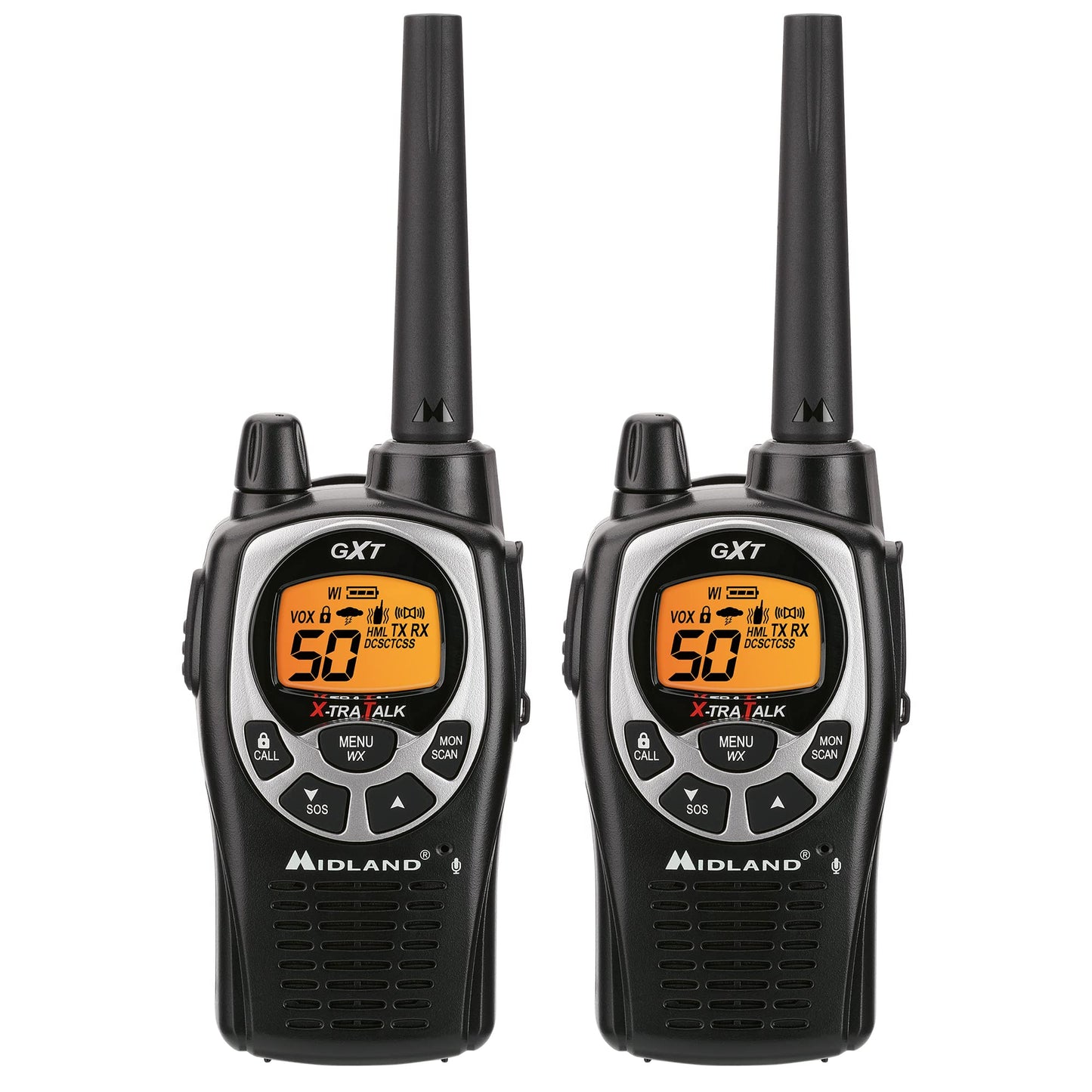 Midland GXT1000VP4 GMRS Two-Way Radio (50 Channel, Long Range, 142 Privacy Codes, SOS, NOAA, Rechargeable Nickel Battery, Black/Silver 2-Pack)