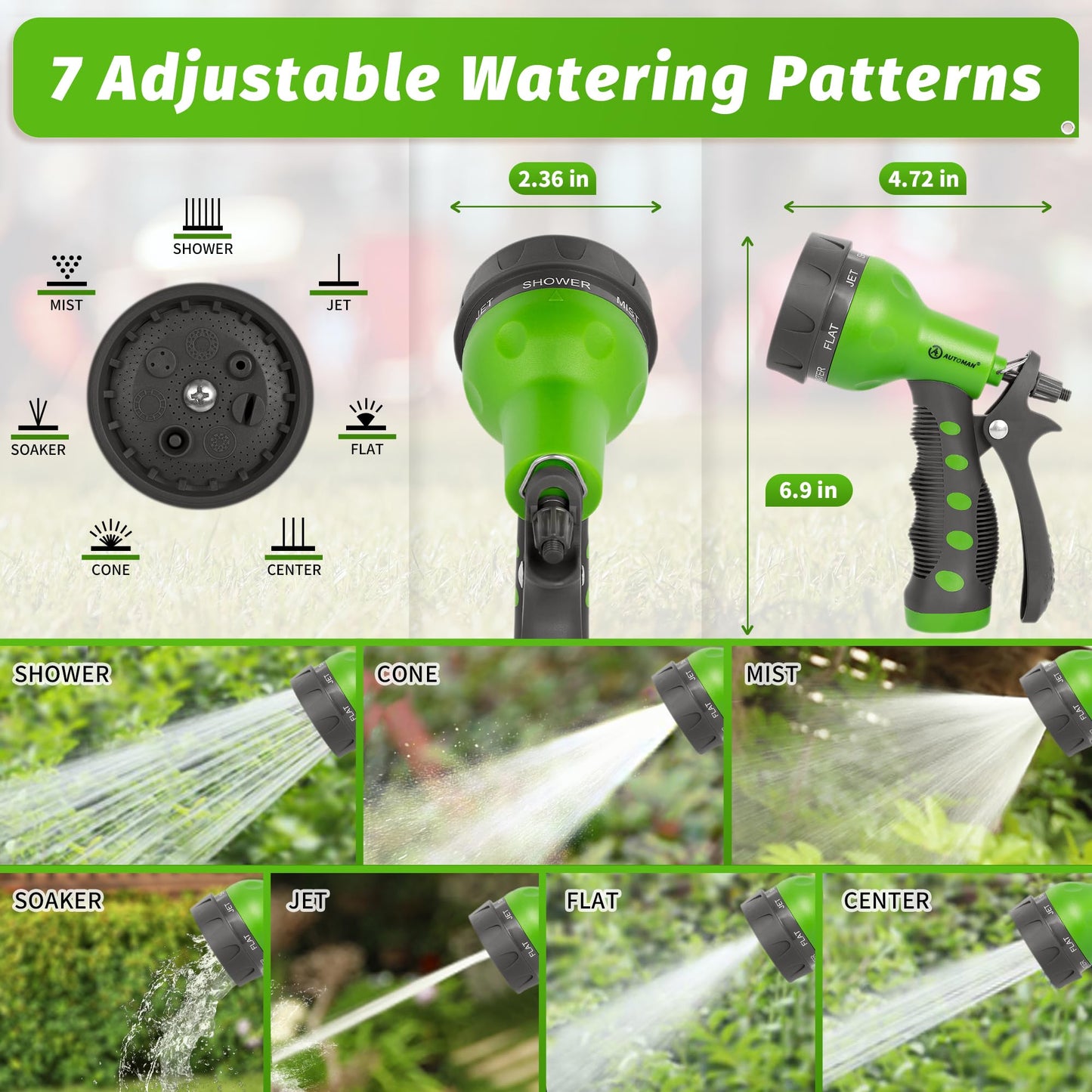 AUTOMAN-Garden-Hose-Nozzle, ABS Water Spray Nozzle with 7 Adjustable Watering Patterns, Slip Resistant for Watering Plants, Lawn& Garden, Washing Cars, Cleaning, Showering Pets & Outdoor Fun.