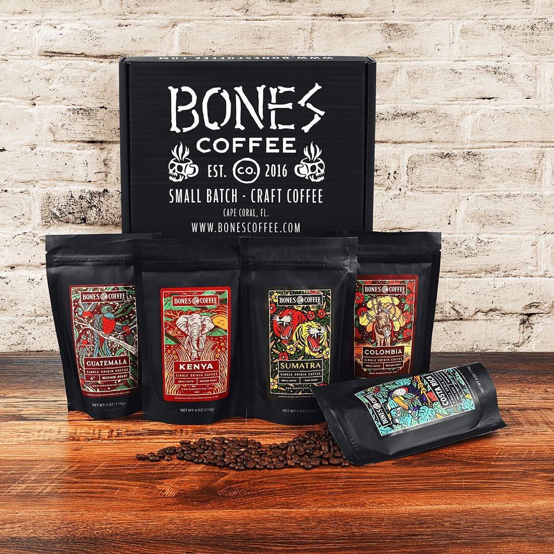 Bones Coffee Company World Tour Coffee Gift Set, 5 Packs Flavored Coffee, Medium Roast Low Acid, 4 Oz Ground