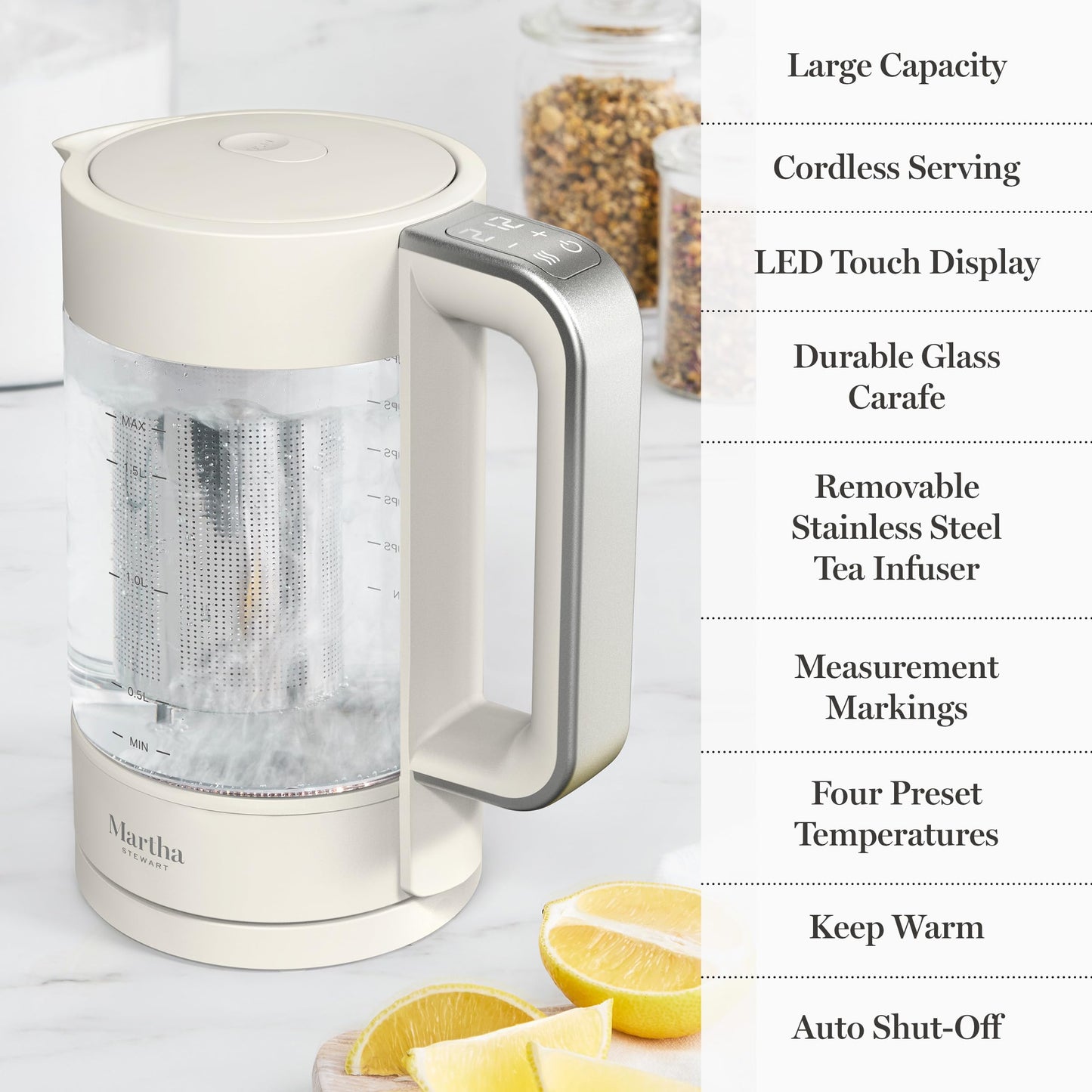 Martha Stewart Electric Kettle with Removable Stainless Steel Tea Infuser,  Glass Carafe 1.7L (7 Cups), Hot Water Boiler, 4 Presets, Keep Warm & Auto Shut-Off, Cordless 360° Swivel Base, Sky Blue