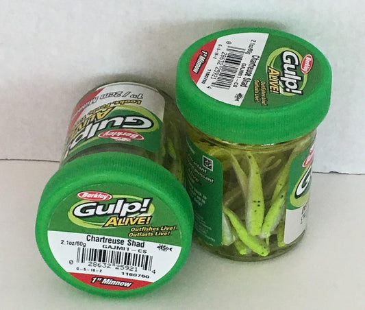 Gulp Bait 1 INCH Chartreuse SHAD Minnow 2 jar Bundle Berkley gulp Alive Perch Minnows ice Fishing Bait Panfish Minnows