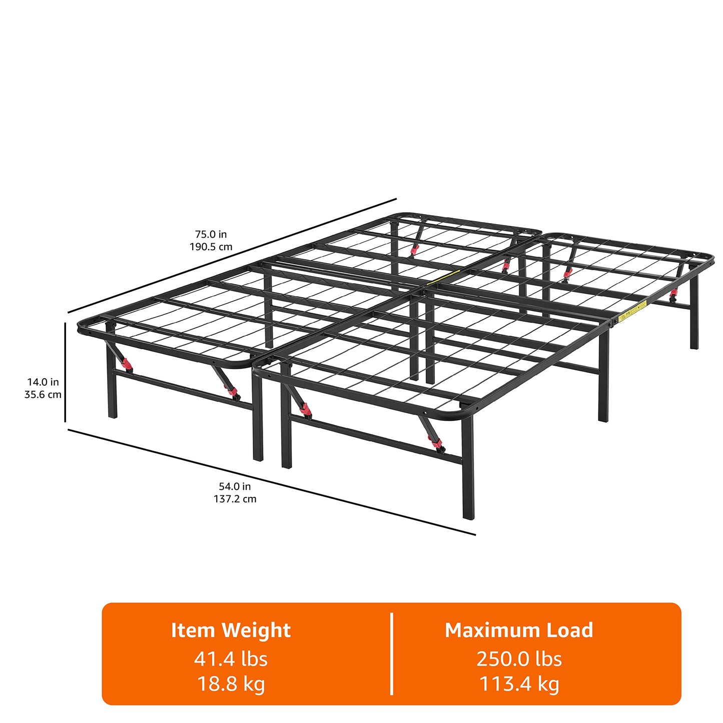 Amazon Basics Bed Frame with Ample Underbed Storage, Foldable Metal Platform, Sturdy Steel, No Box Spring Needed, 14 inches High, Noise-Free Support, Easy Assembly Tool-Free Setup, Full Size, Black