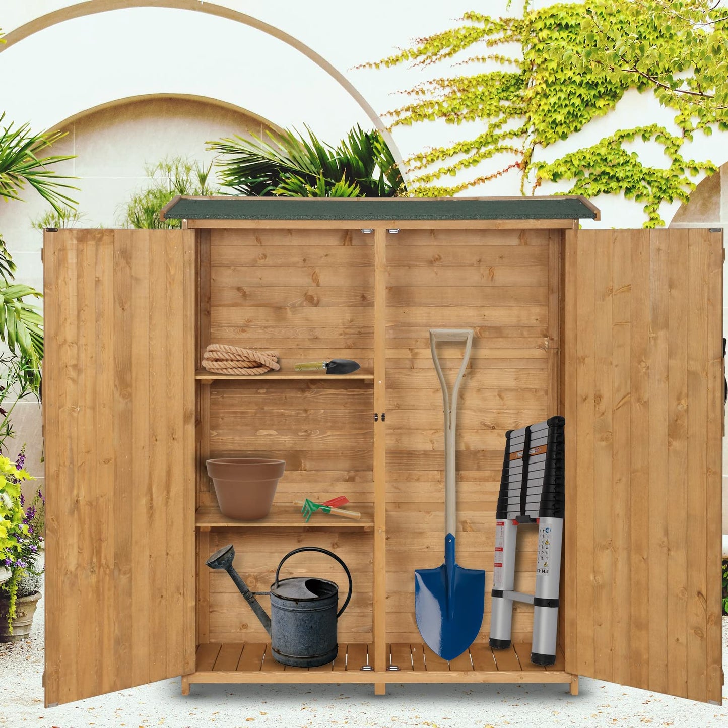 VINGLI Upgraded Outdoor Wooden Storage Shed, Extra Large Garden Shed Outside Tool Cabinet with 2 Safety Latches, Patio Storage Organizer for Garden Yard Lawn Equipment, Teak