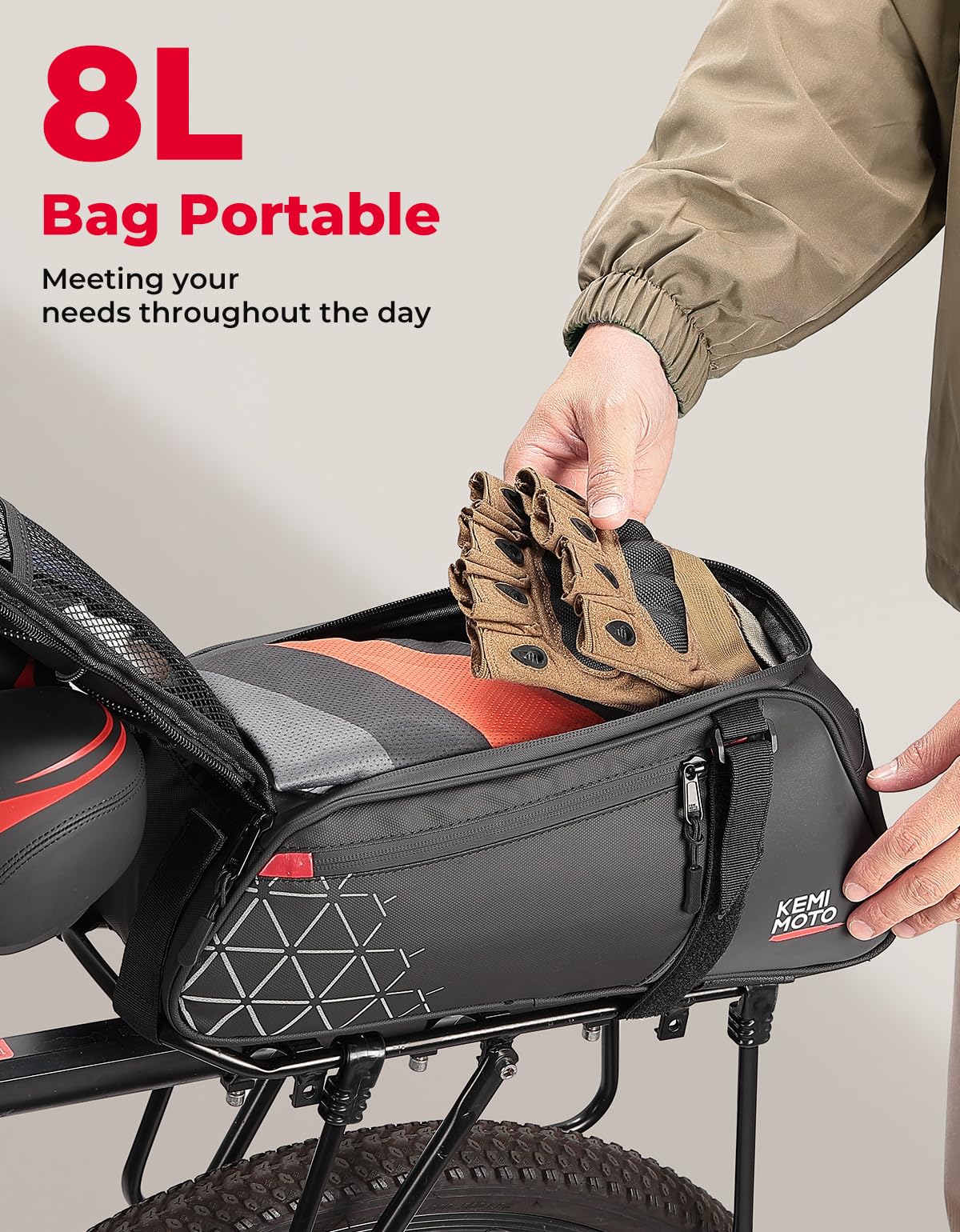 KEMIMOTO Rear Bike Rack Bag - 8L PVC Water Resistant Ebike Bags for Bicycle Rear Rack, Bicycle Trunk Pannier for Commuter Travel Shopping and Cycling (Black)