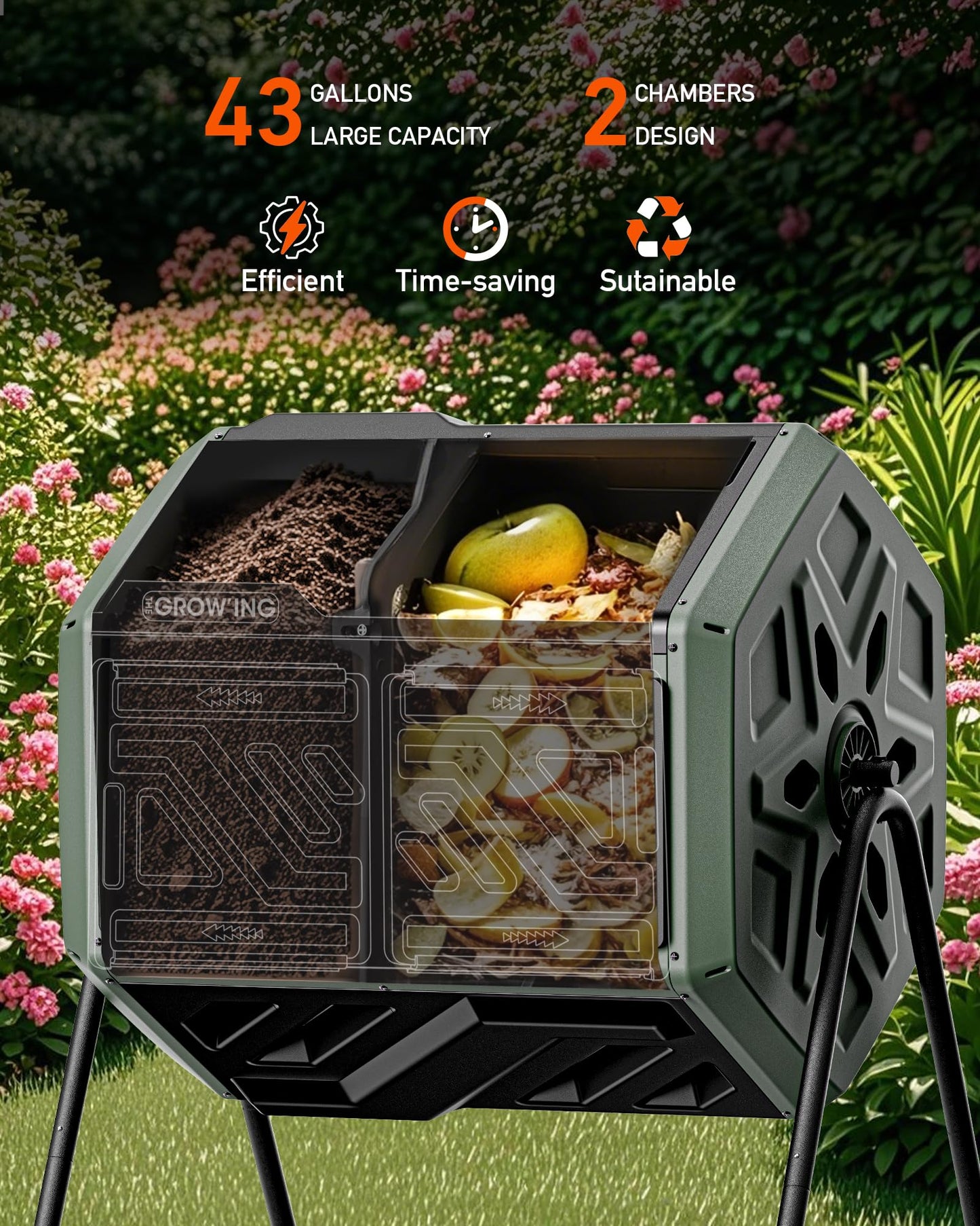 THEGROW'ING Updated 43 Gallon Compost Bin Outdoor, Fast Assemble Tumbling Composter, Dual Chamber Composter Tumbler, Rotating Compost Bin for Outside, Backyard, Garden and Yard, Green