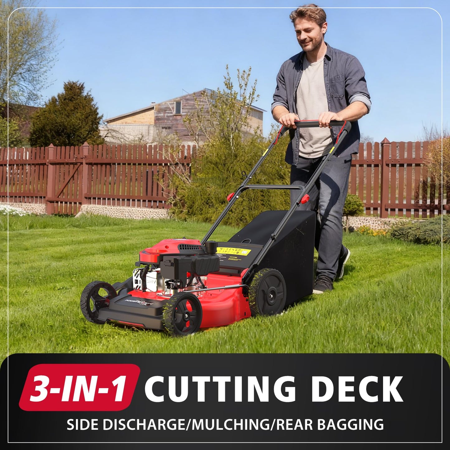 PowerSmart Gas Lawn Mower 21-Inch 144cc OHV Engine 3-in-1 Push Mower with Bagging