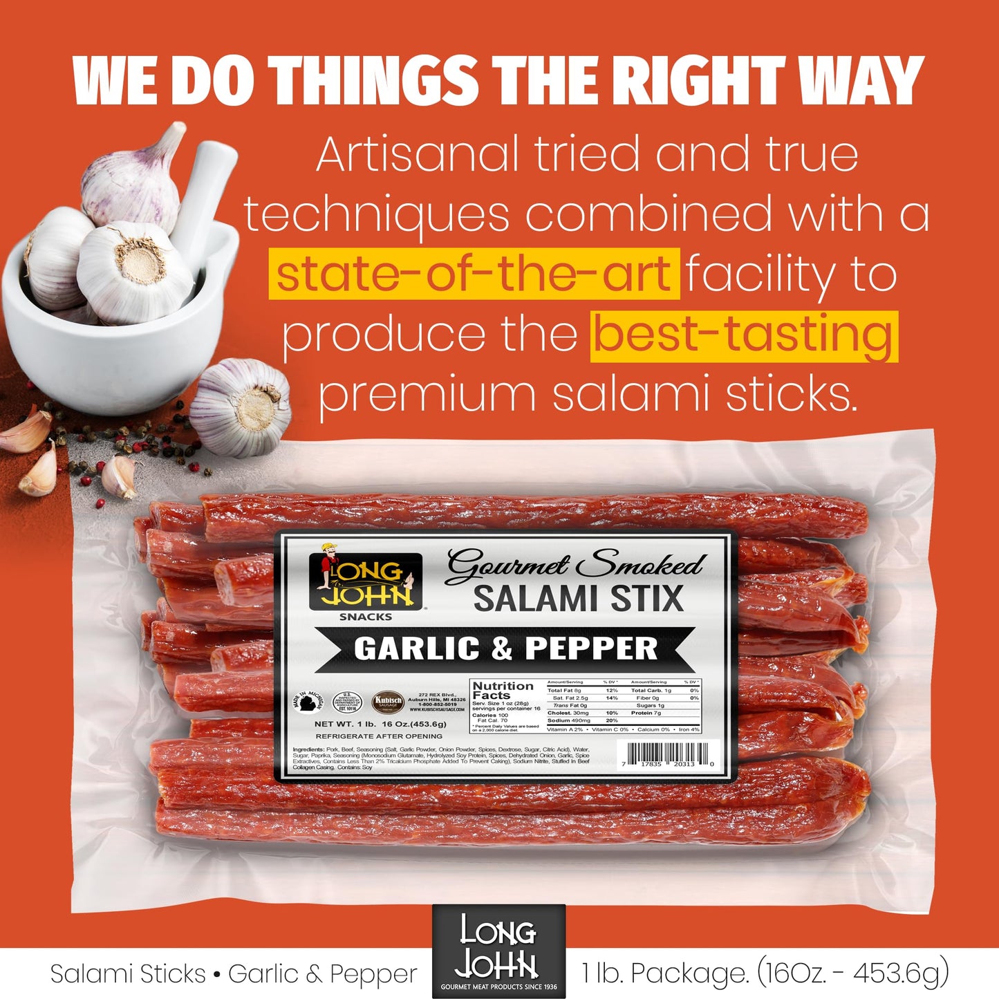 Long John Snacks Italian Style Dried Salami Stix – Premium Italian Blend Hand Crafted Pork & Beef Cuts – Gluten-Free, Bold Flavor & Low Heat – Smoked & Italian-Style Dried to Perfection - 16oz.