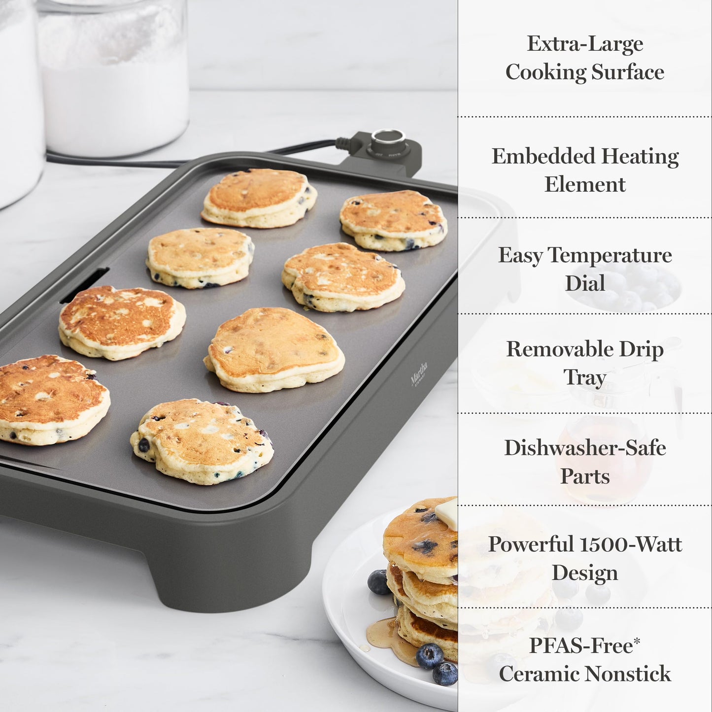 Martha Stewart 12” x 22” Electric Griddle, XL Ceramic Nonstick Flat Top Cooking Surface, Adjustable Temperature Dial, Drip Tray, Dishwasher Safe, 1500W Fast Even Heating, Pancakes & Eggs, Linen White