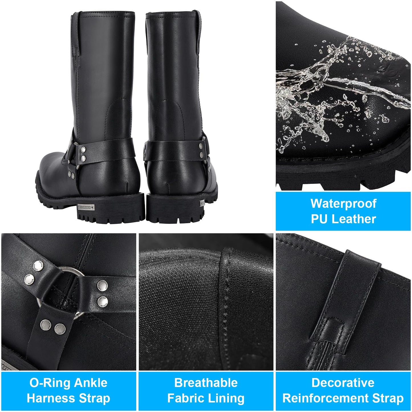 GARGOYLE BELLS Mens Harness Straps Motorcycle Leather Boots Black Waterproof Biker Boots For Men- Low Heel Riding Boots