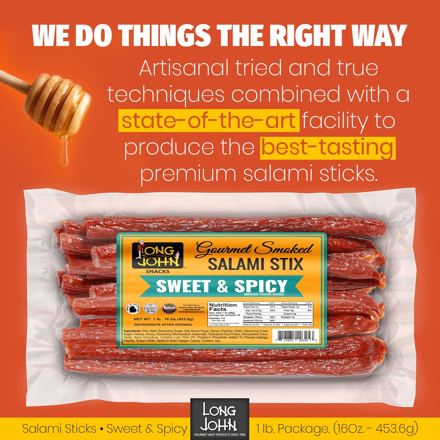 Long John Snacks Italian Style Dried Salami Stix – Premium Italian Blend Hand Crafted Pork & Beef Cuts – Gluten-Free, Bold Flavor & Low Heat – Smoked & Italian-Style Dried to Perfection - 16oz.