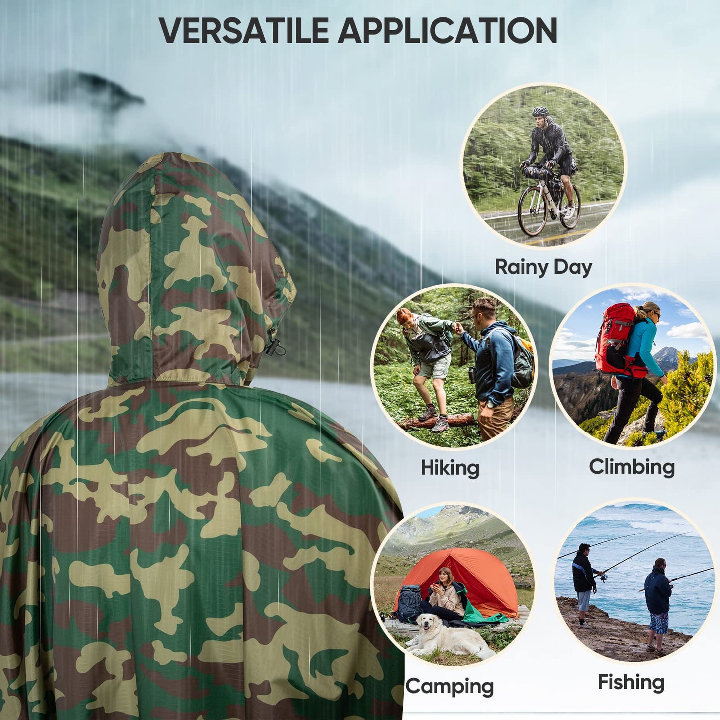 PTEROMY Hooded Rain Poncho for Adult with Pocket, Waterproof Lightweight Unisex Raincoat for Hiking Camping Emergency