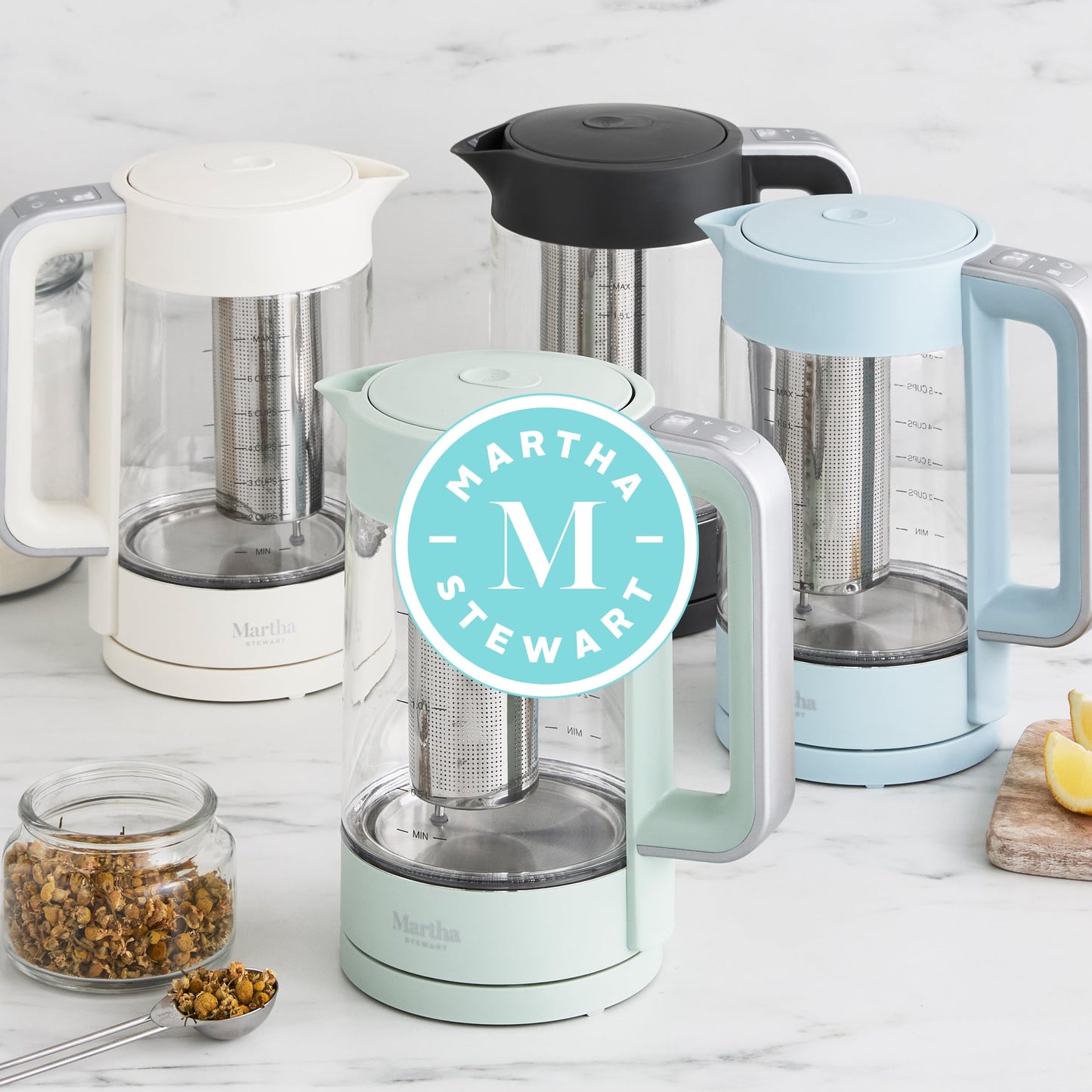Martha Stewart Electric Kettle with Removable Stainless Steel Tea Infuser,  Glass Carafe 1.7L (7 Cups), Hot Water Boiler, 4 Presets, Keep Warm & Auto Shut-Off, Cordless 360° Swivel Base, Sky Blue