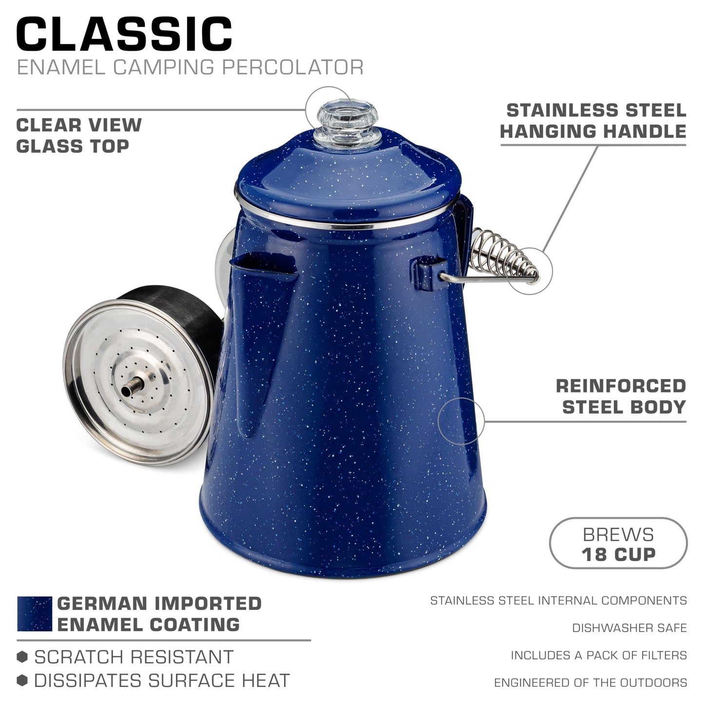 COLETTI Classic Percolator Coffee Pot — Coffee Percolator, Camping Kettle – The Original Camping Coffee Pot, Now Modernized – For Campsite Brewmasters Everywhere [Black Enamel, 12 Cup]
