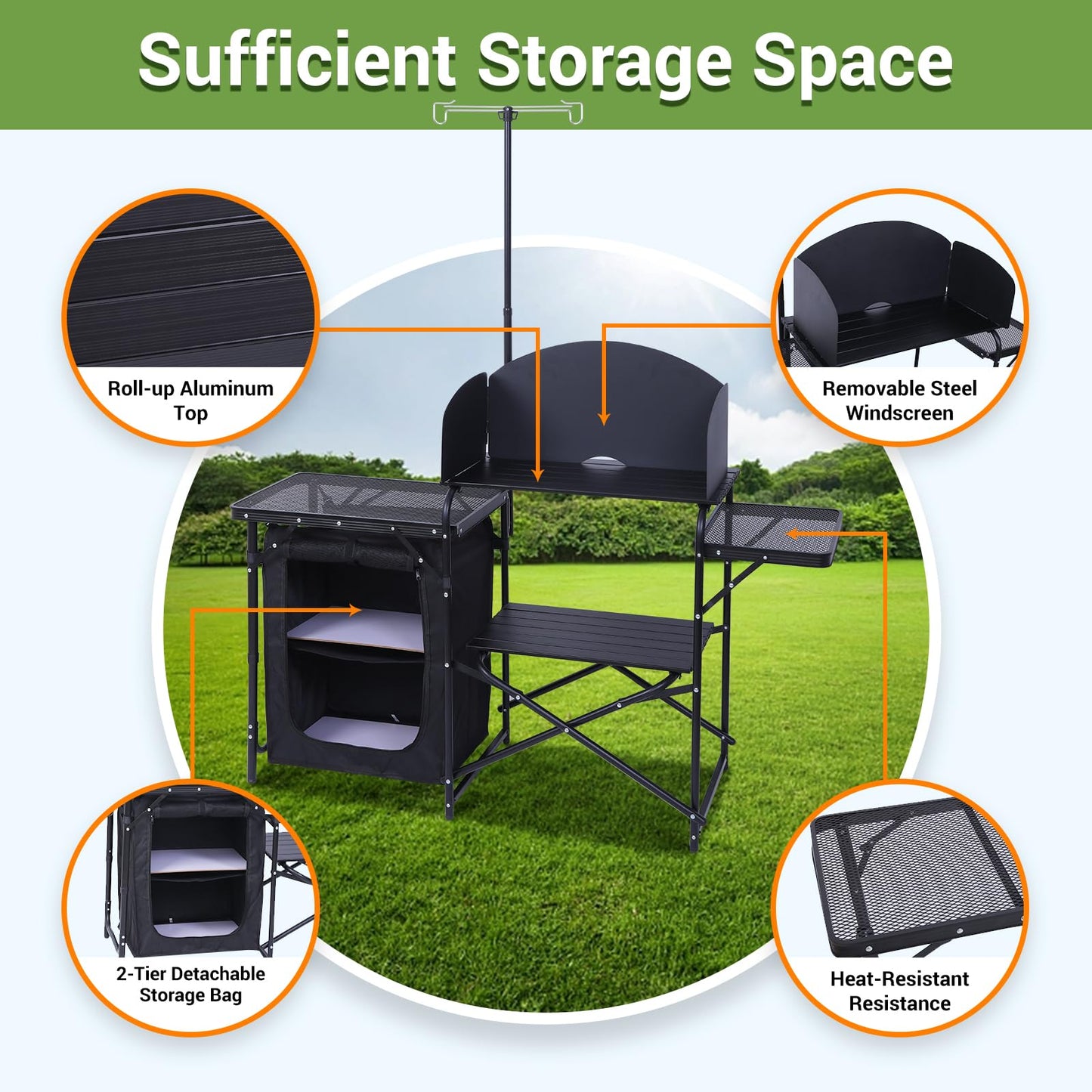 Nice C Camping Kitchen Station, Camping Table, Picnic Table, Grill Table, Folding Table, Upgrade Light Stand and Windshield Cooking Station & Organizers, Carry Bag for Beach, Picnic (Black)