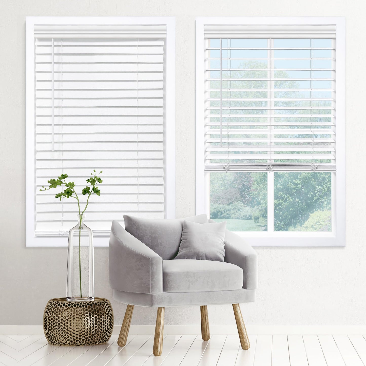 DEZ FURNISHINGS Cordless 2" Signature Faux Wood Blind, 46" W x 48" H, Embossed White