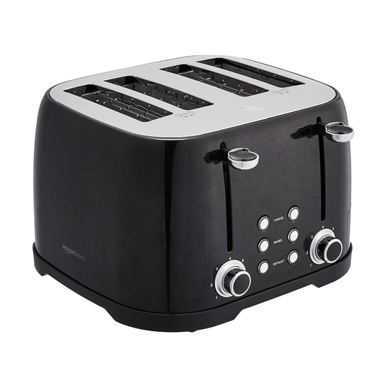 Amazon Basics 4 Slice Toaster, 6 Browning Settings, Removable Crumb Tray, Bagel and Defrost Function, Cancel Button, 1600W, Black
