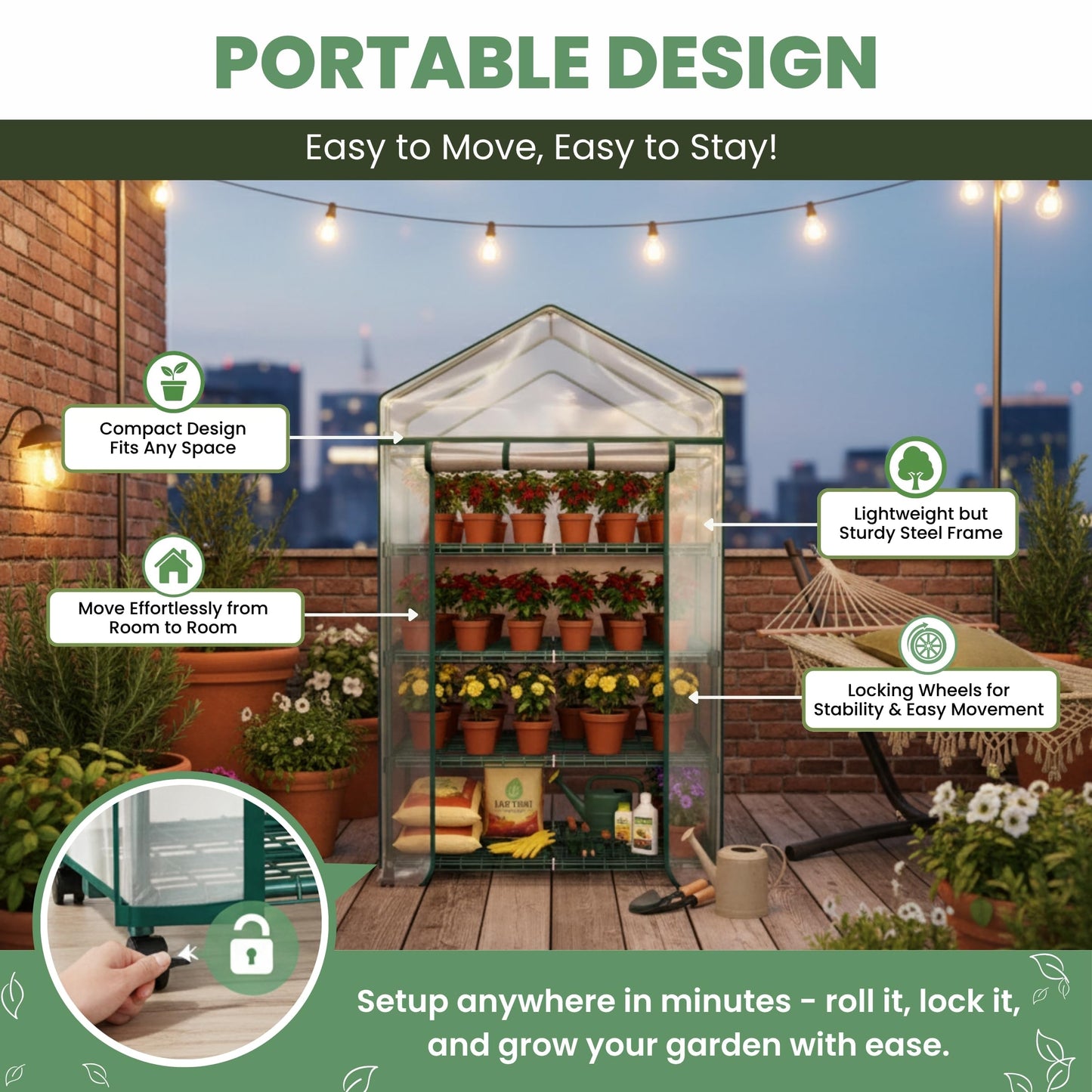 4 Tier Mini Greenhouse - Portable Greenhouse with Locking Wheels and PVC Cover for Indoor or Outdoor - 27 x 19 x 63-Inch Green House by Home-Complete