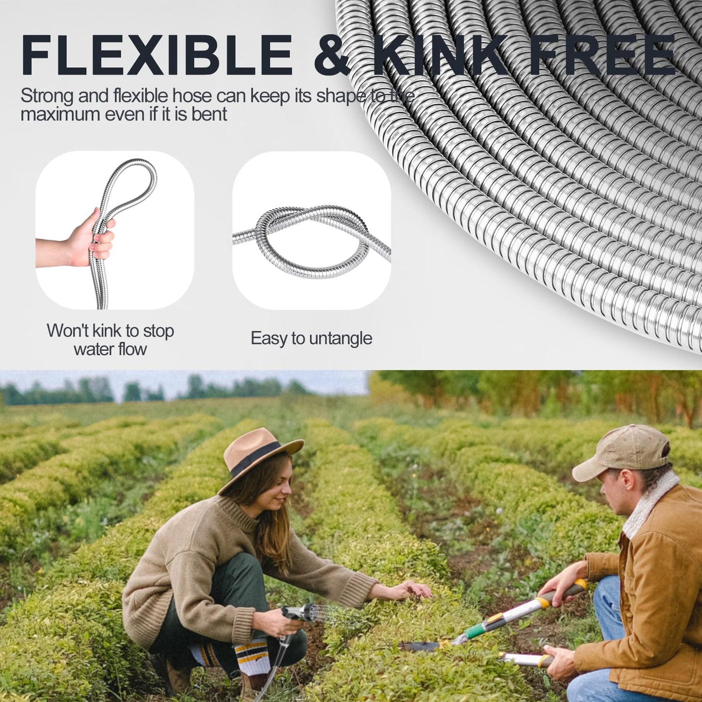 50ft 304 Stainless Steel Garden Hose Metal, Heavy Duty Water Pipe with Nozzles for Yard, Outdoor - Flexible, Never Kink & Tangle, Puncture Resistant (Sliver)